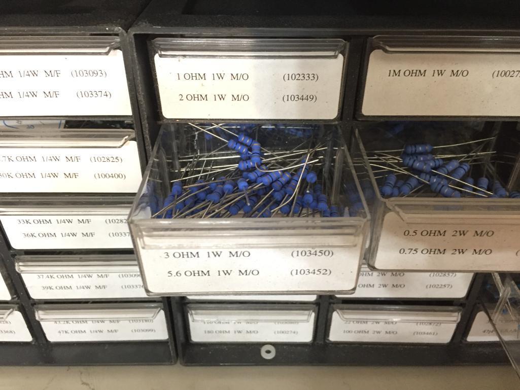 Organizer Cabinets with Mixed Electronic Components Resistors Capacitors Switches Terminals