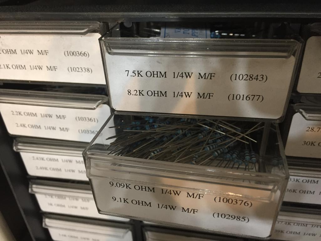 Organizer Cabinets with Mixed Electronic Components Resistors Capacitors Switches Terminals
