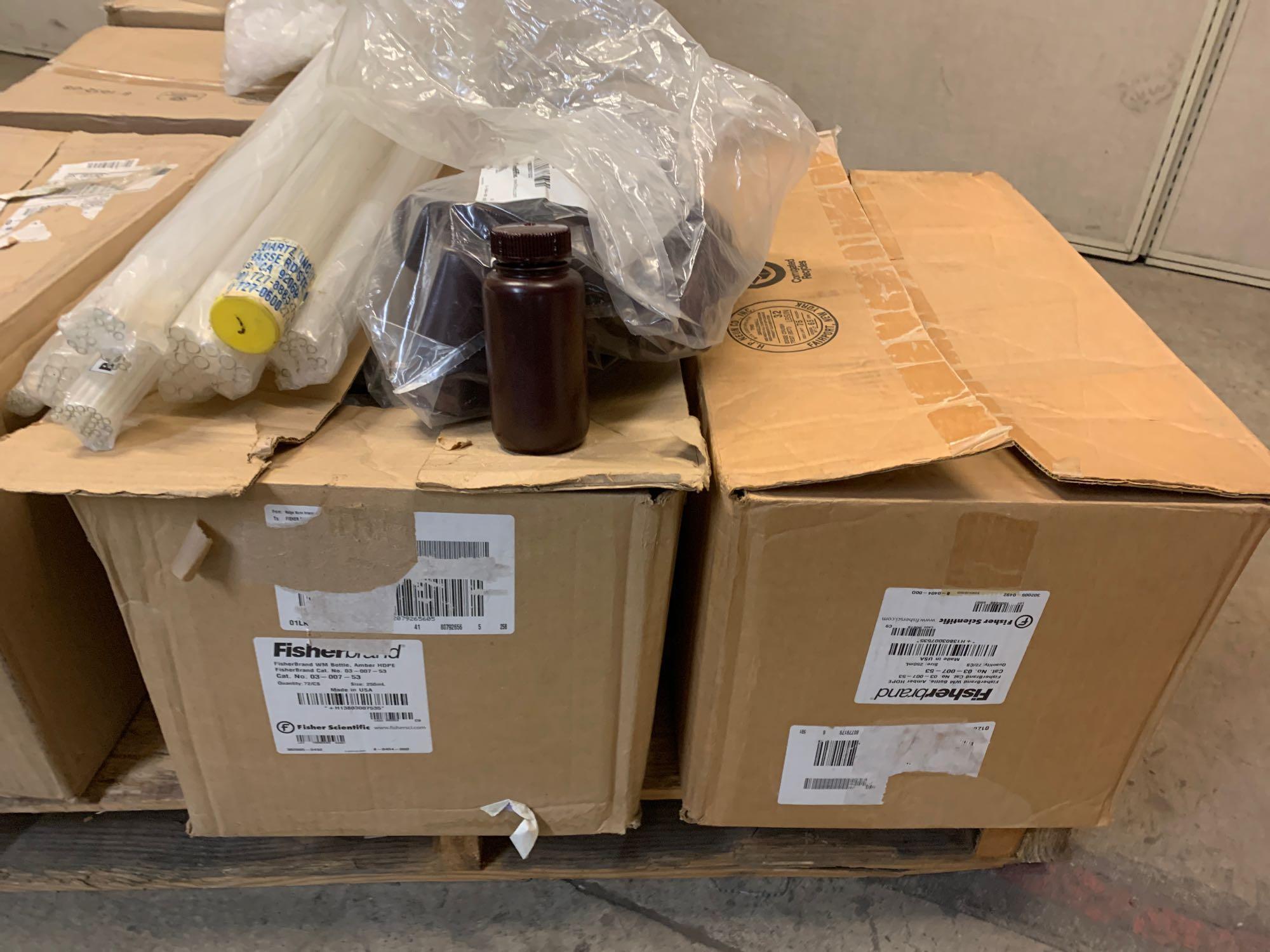 Mixed Pallet of New Laboratory Consumables / Plastic Vials Jars Bottles 4' Glass Tubes Flexboy Bags