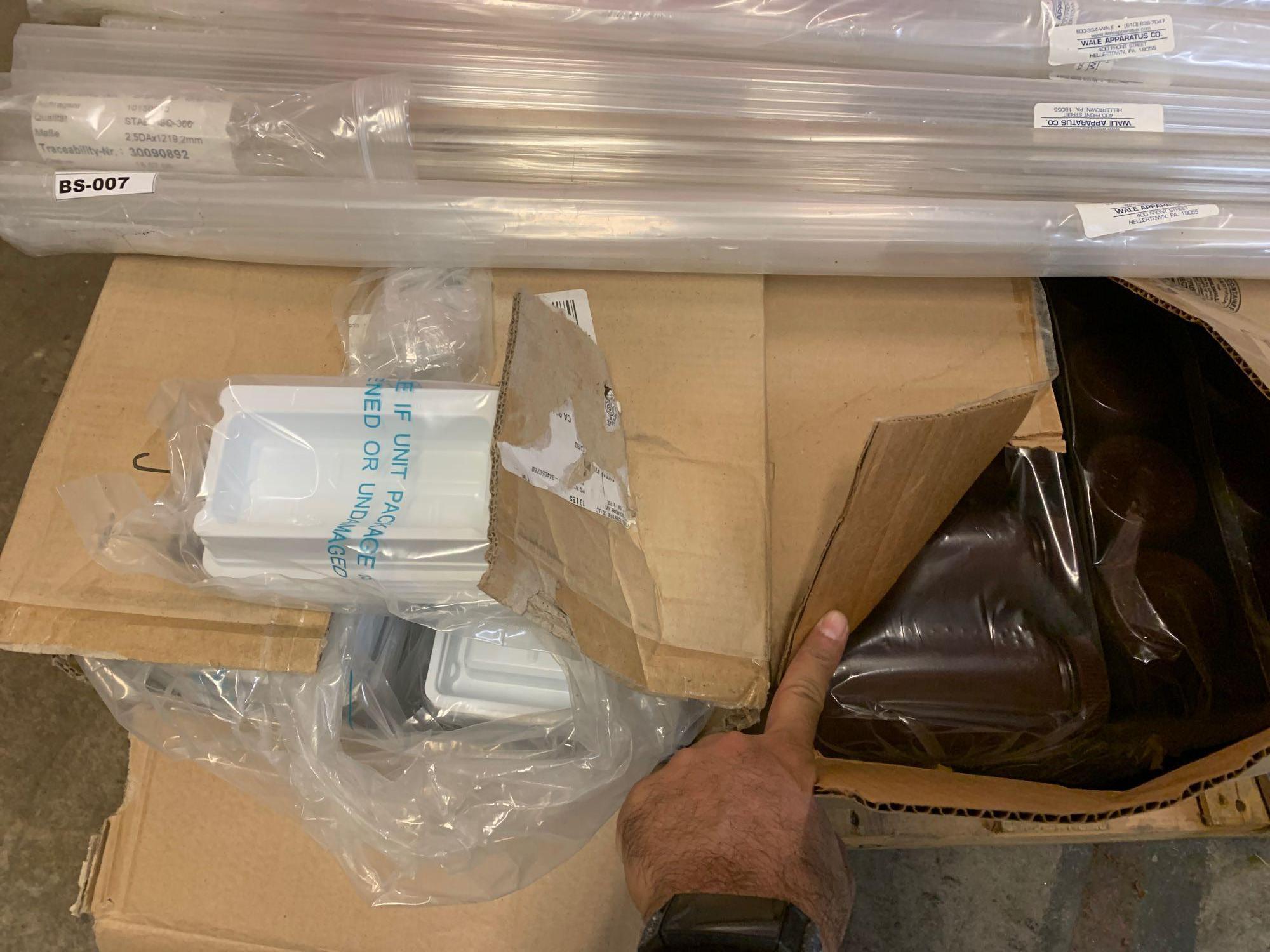 Mixed Pallet of New Laboratory Consumables / Plastic Vials Jars Bottles 4' Glass Tubes Flexboy Bags