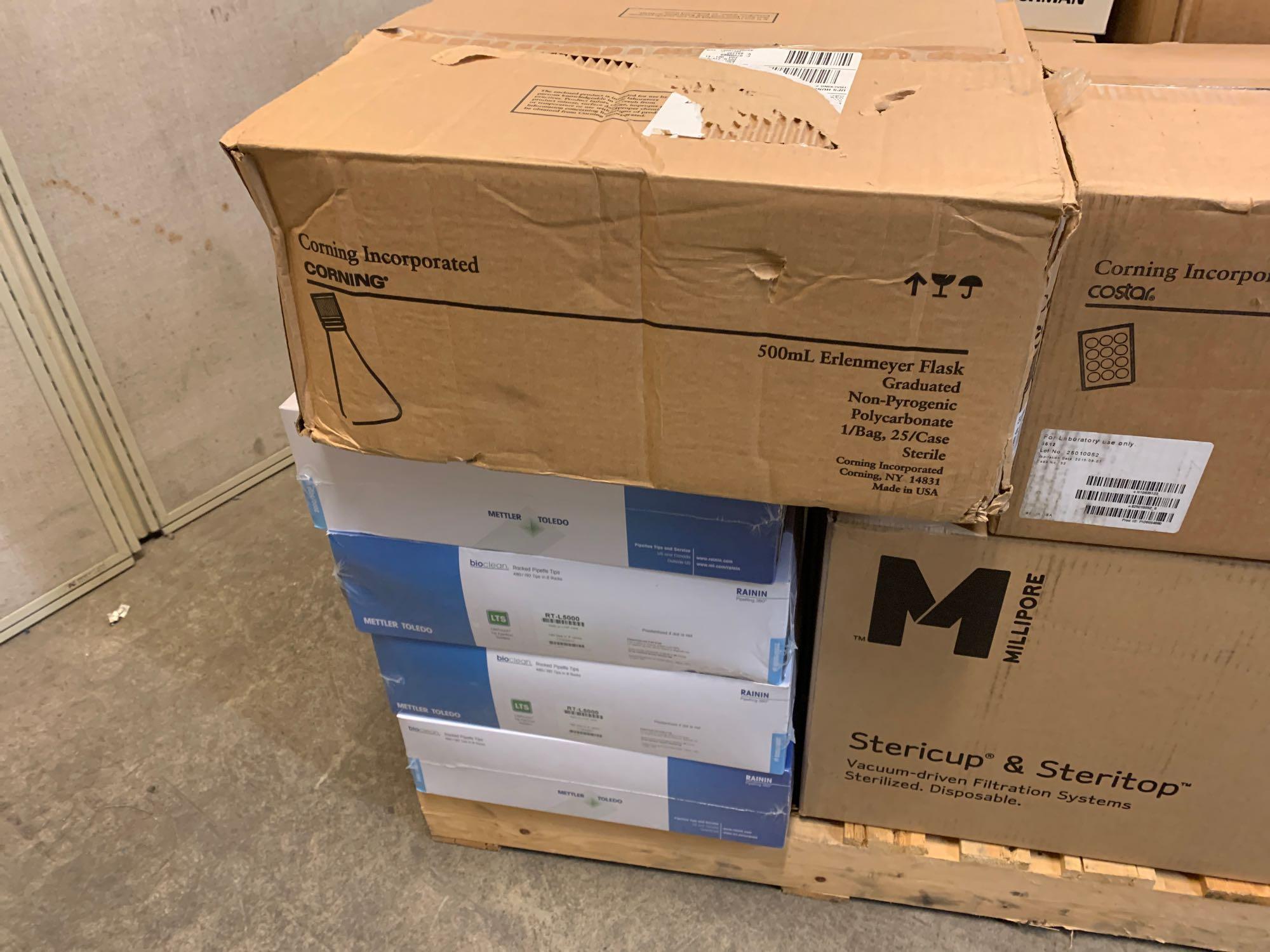 Mixed Pallet of New Laboratory Consumables Plastic Vials Tubes Tips Trays Syringes Pipets Stericups