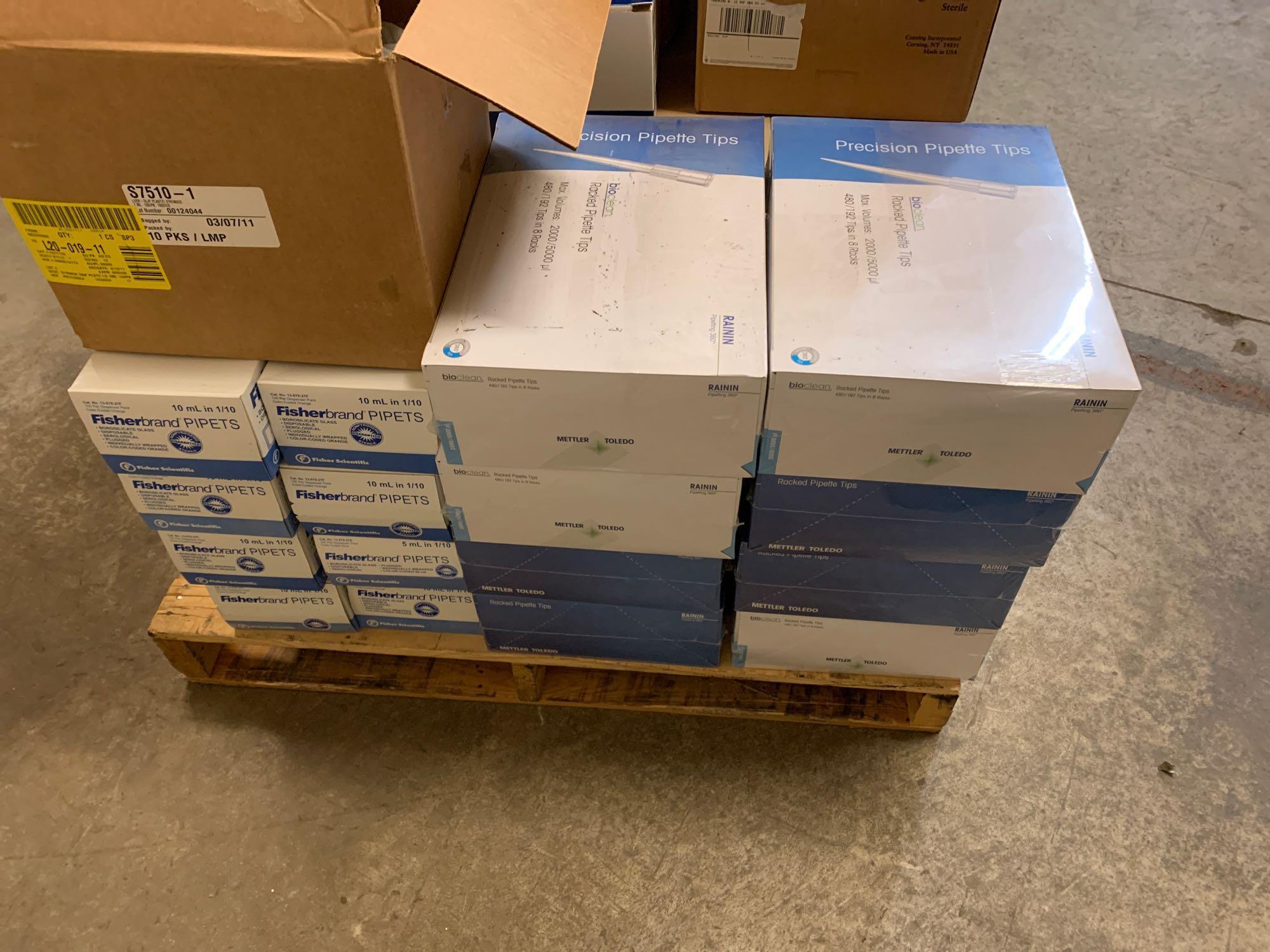 Mixed Pallet of New Laboratory Consumables Plastic Vials Tubes Tips Trays Syringes Pipets Stericups