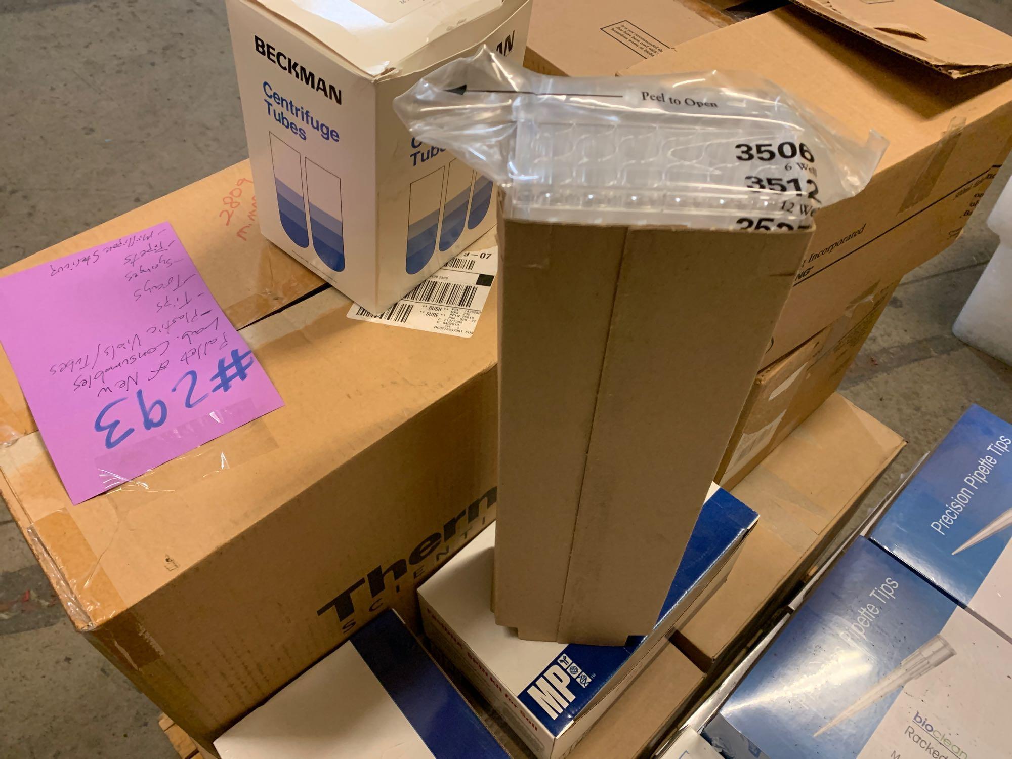 Mixed Pallet of New Laboratory Consumables Plastic Vials Tubes Tips Trays Syringes Pipets Stericups