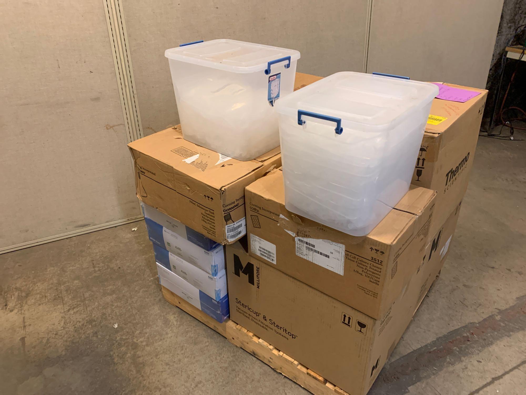 Mixed Pallet of New Laboratory Consumables Plastic Vials Tubes Tips Trays Syringes Pipets Stericups