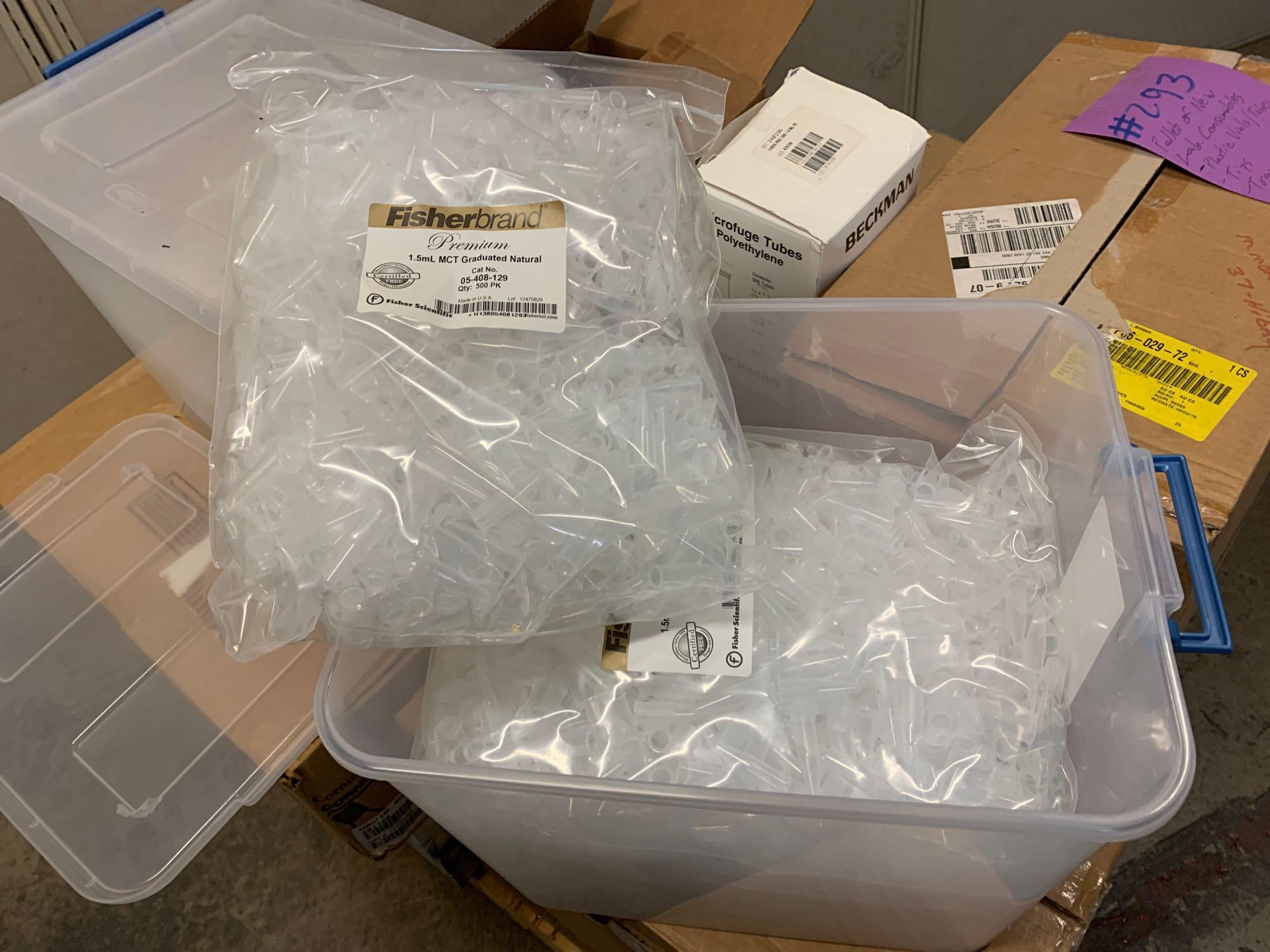 Mixed Pallet of New Laboratory Consumables Plastic Vials Tubes Tips Trays Syringes Pipets Stericups