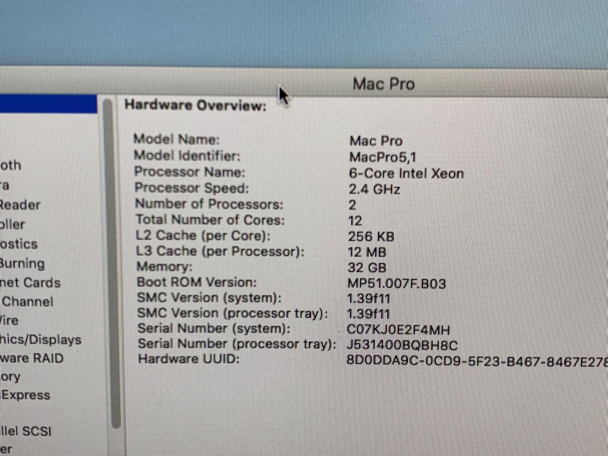 Apple Mac Pro A1289 2 x Intel Xeon 6-Core 2.4GHz 32GB 500GB WIfi / BT / DVD Mac OS High Sierra