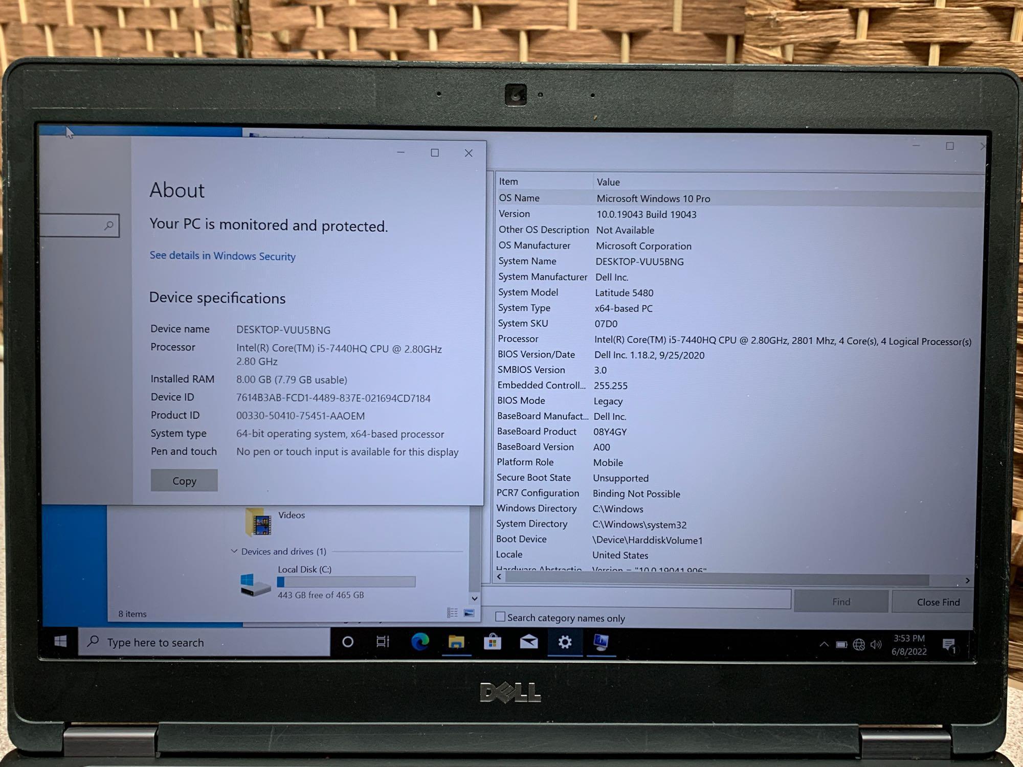 Dell Latitude 5480 Intel i5-7440 2.8GHz 8GB DDR4 500GB Wifi Bt Webcam Win 10 Pro Laptop