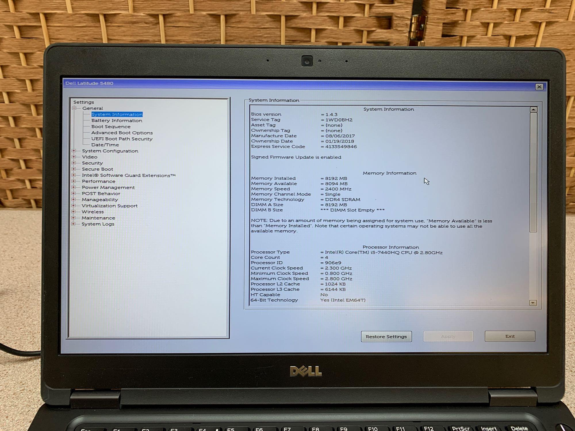 Dell Latitude 5480 Intel i5-7440HQ 2.8GHz 8GB 256GB SSD Wifi Cell HD NO OS Laptop