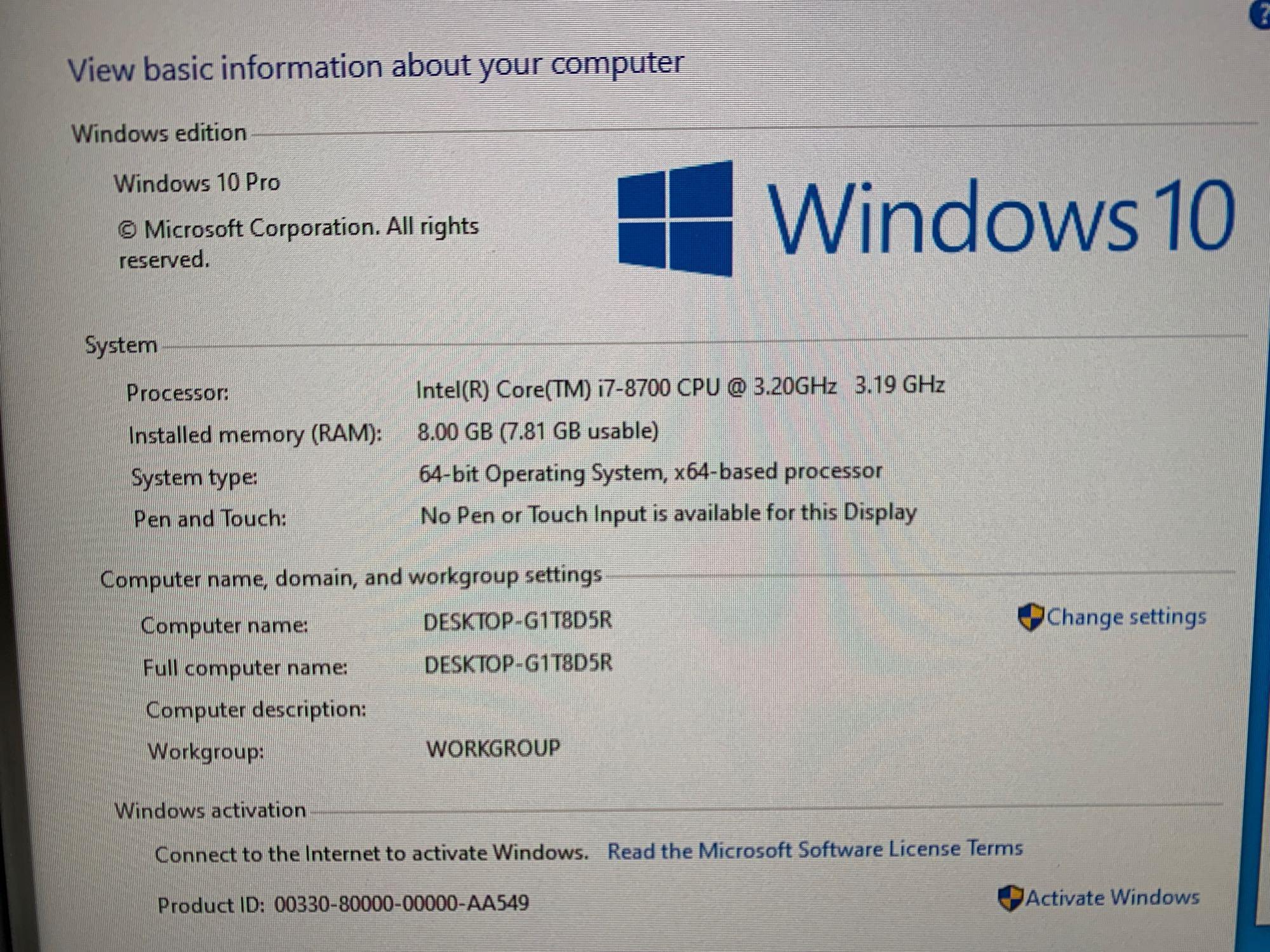 Dell Optiplex 7460 AIO 23in LCD Intel i7-8700 3.2GHz 8GB DDR4 256GB SSD Win 10 Pro PC