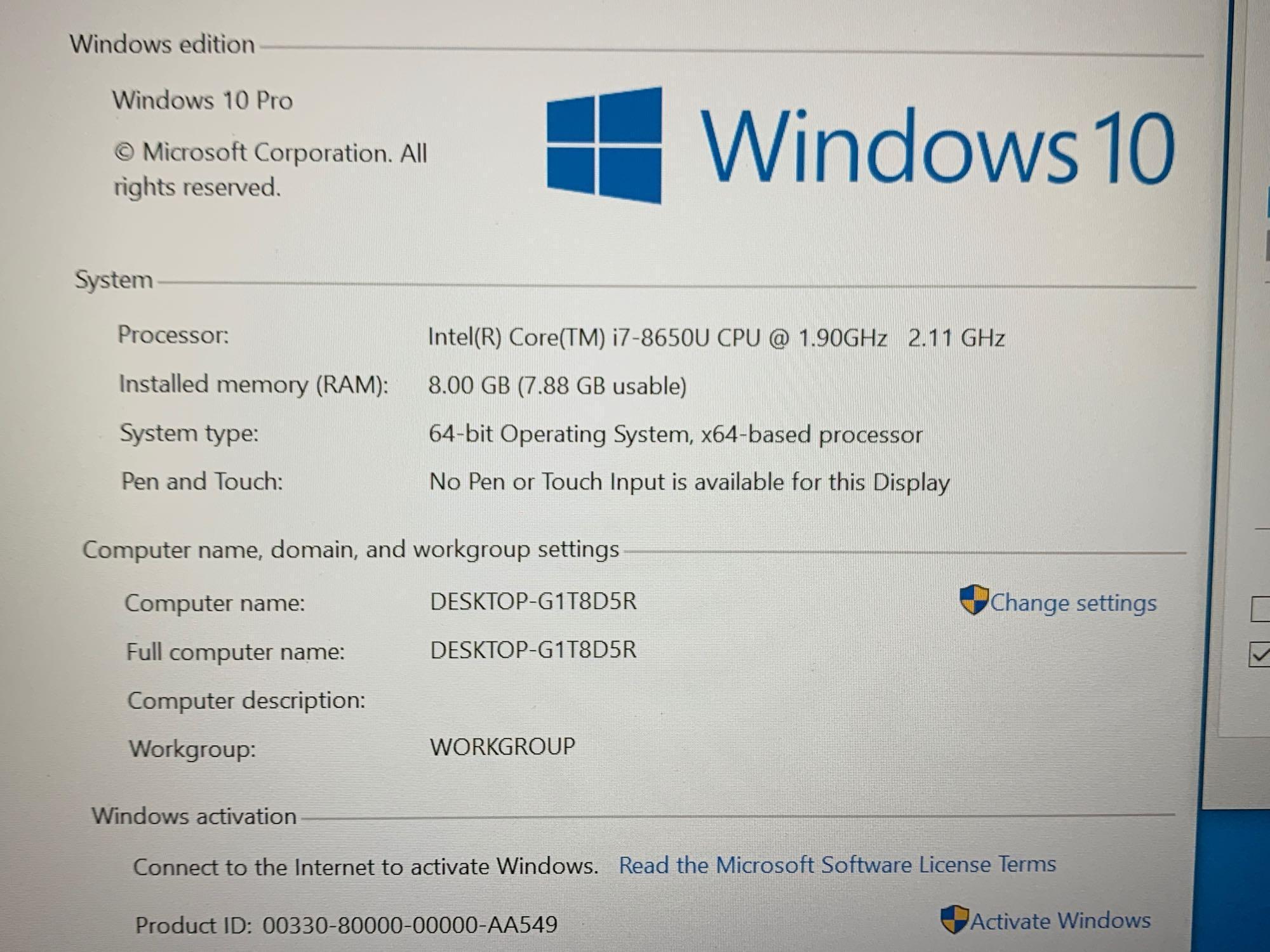 Dell Latitude 5490 14in LCD Intel i7-8650U 1.9GHz 8GB 256GB Win 10 Pro Laptop