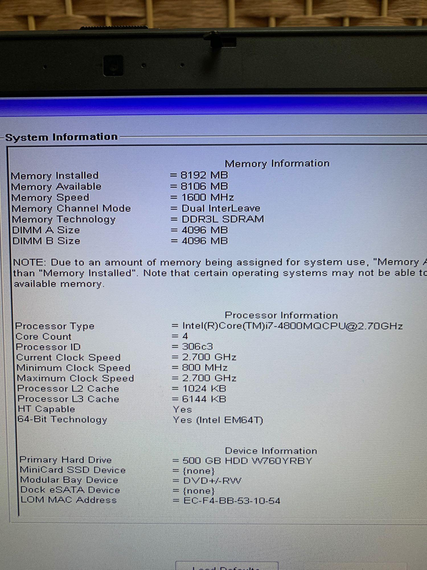 Dell Latitude E6540 15.6in LCD Laptop Intel i7-4800 2.7GHz 8GB 500GB Wifi Bt Win 10 Home