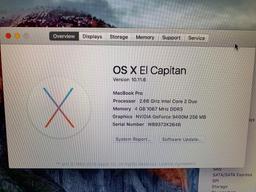 Apple MacbookPro 15.4in LCD Laptop Intel Core 2 Duo 2.66GHz 4GB 256GB SSD Wifi / BT El Capitan