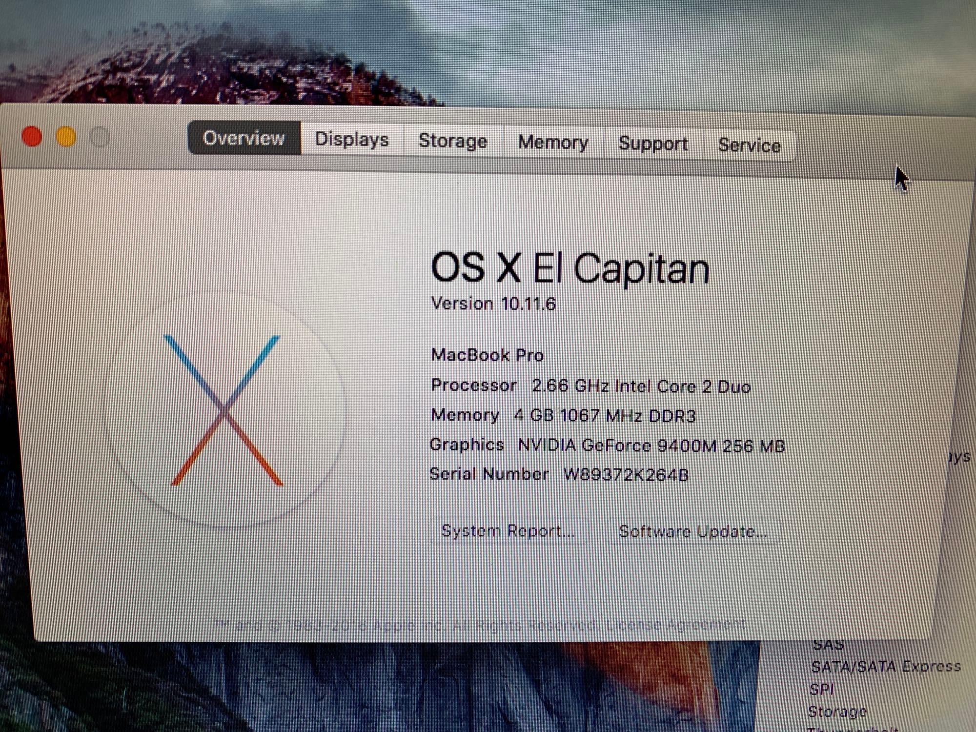 Apple MacbookPro 15.4in LCD Laptop Intel Core 2 Duo 2.66GHz 4GB 256GB SSD Wifi / BT El Capitan