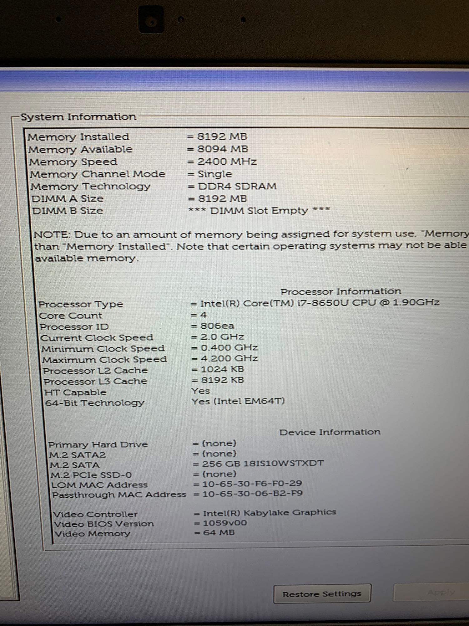 Dell Latitude 5490 14in LCD Laptop Intel i7-8650U 1.9GHz 8GB 256GB SSD Wifi / BT Win 10 Pro