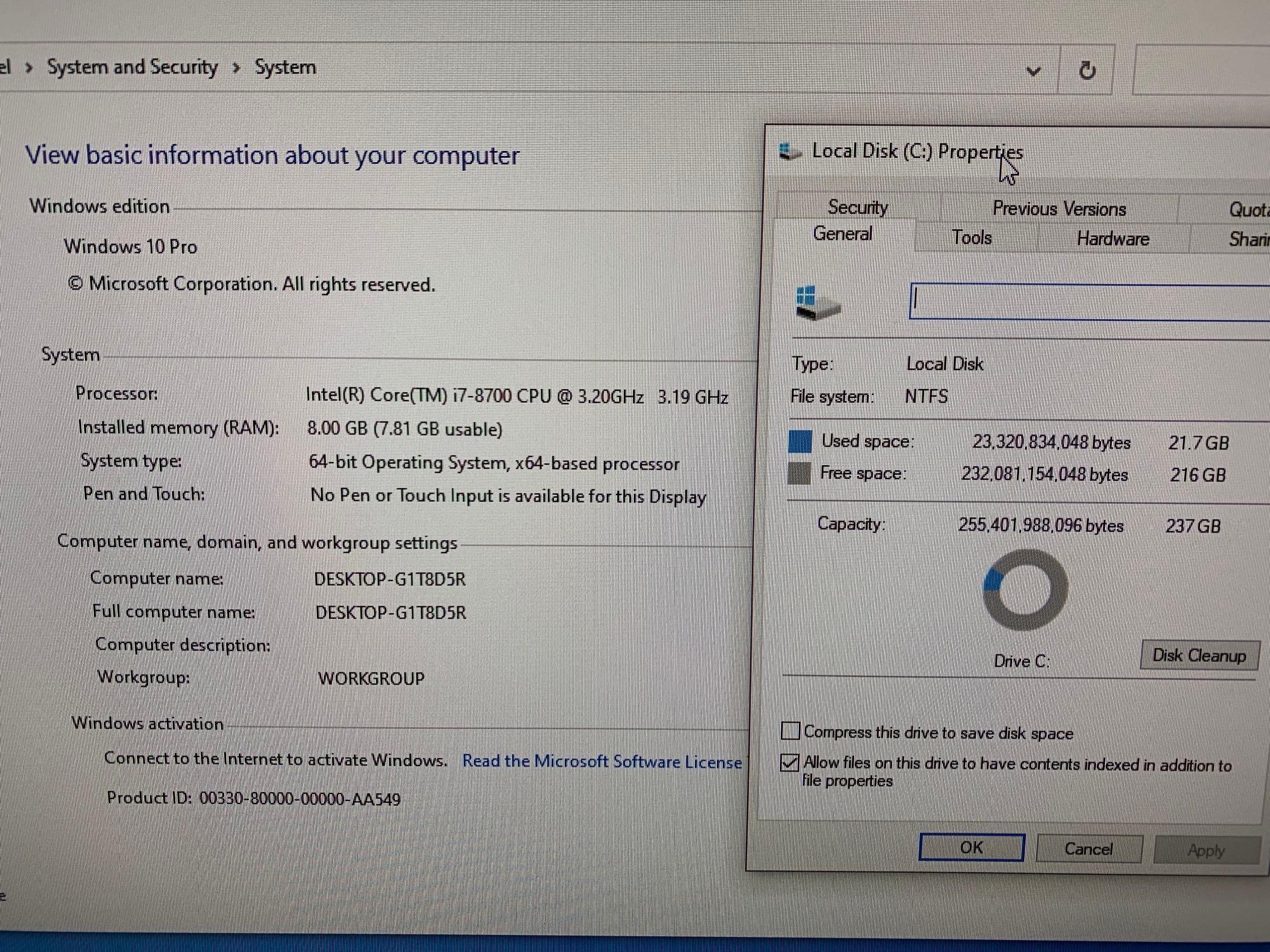 Dell Optiplex 7460 AIO 23in LCD Intel i7-8700 3.2GHz 8GB 256GB SSD Wifi/Bt Win 10 Pro