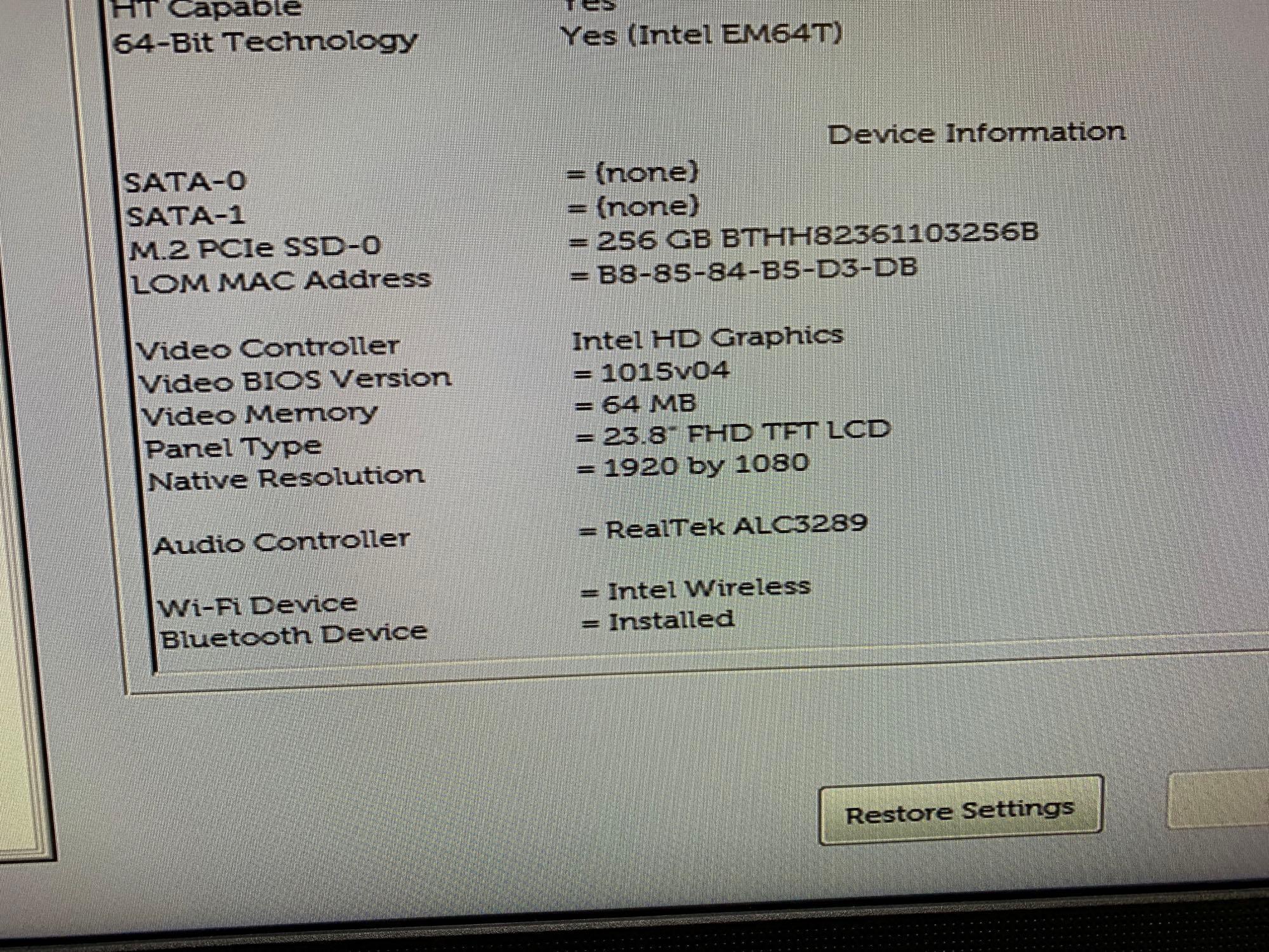 Dell Optiplex 7460 AIO 23in LCD Intel i7-8700 3.2GHz 8GB 256GB SSD Wifi/Bt Win 10 Pro
