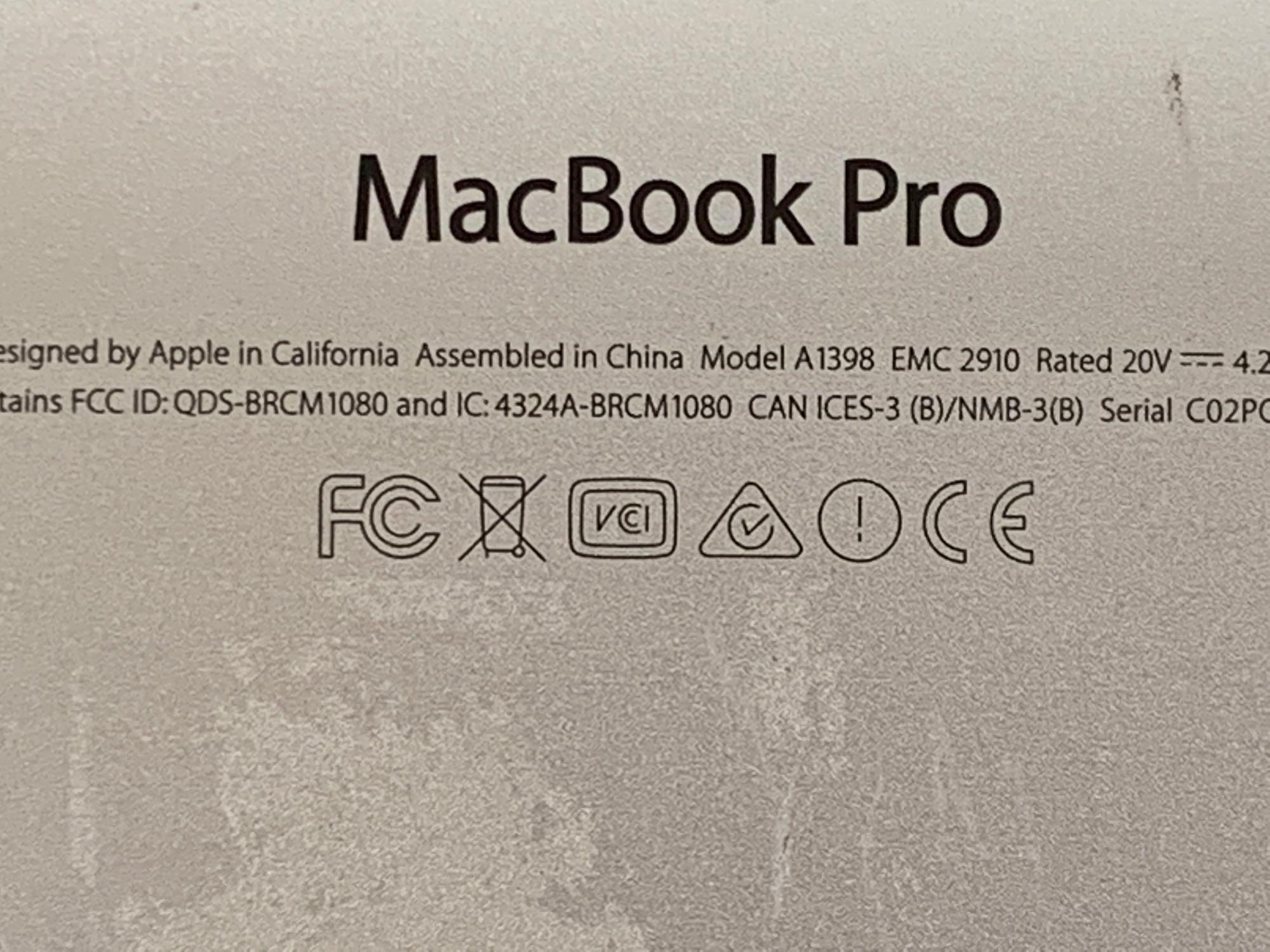 Apple MacBookPro11,5 A1398 15.4" LCD 2.8GHz Quad Core Intel i7 16GB 500GB SSD Mac OS Monterey