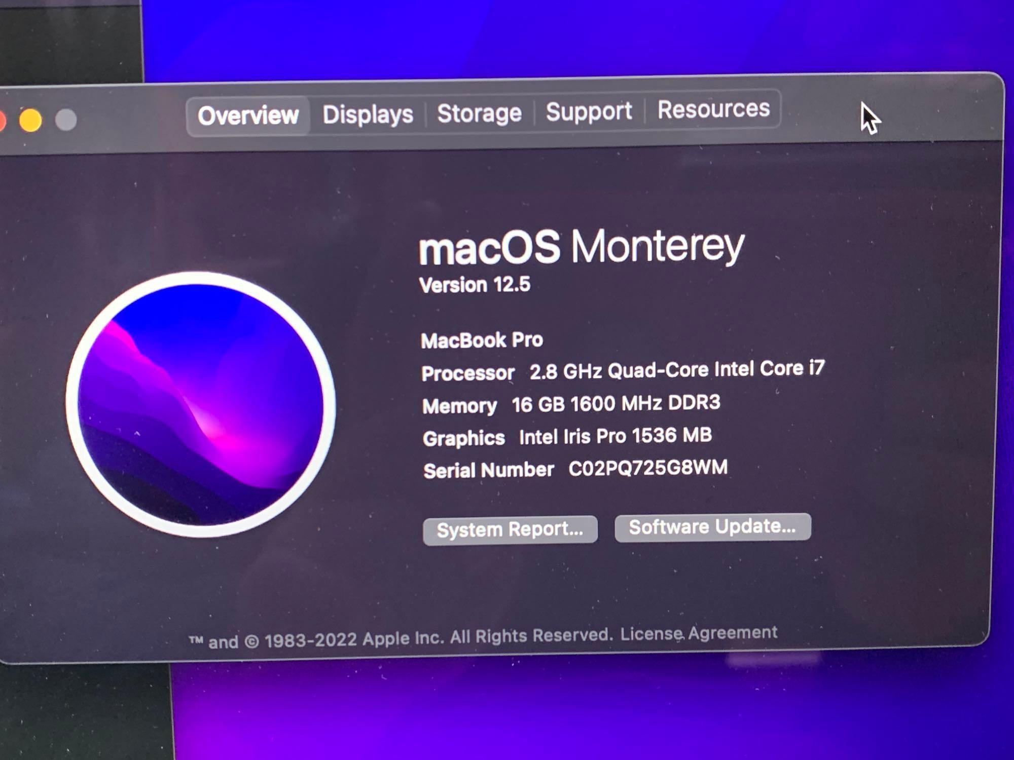 Apple MacBookPro11,5 A1398 15.4" LCD 2.8GHz Quad Core Intel i7 16GB 500GB SSD Mac OS Monterey