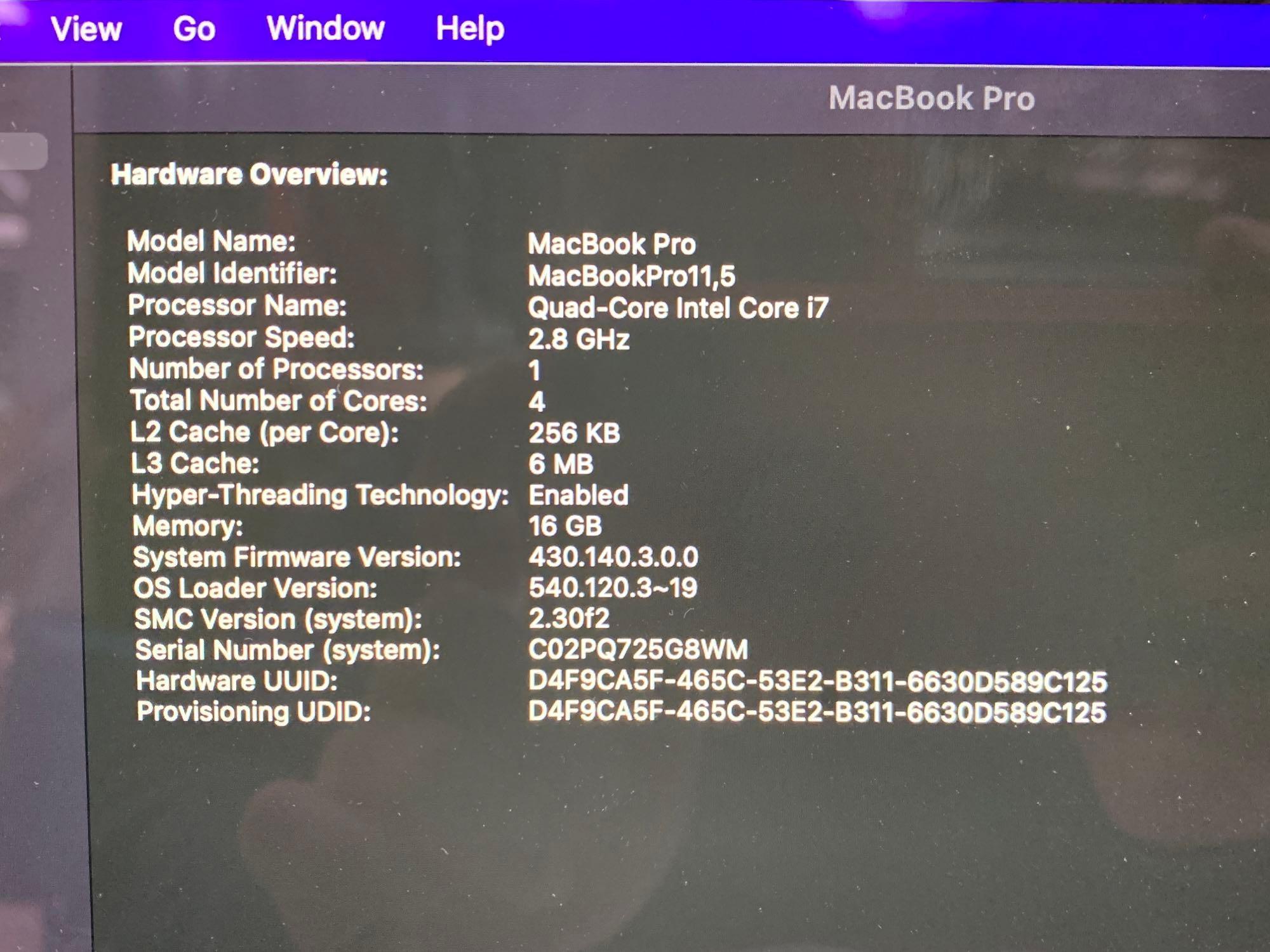 Apple MacBookPro11,5 A1398 15.4" LCD 2.8GHz Quad Core Intel i7 16GB 500GB SSD Mac OS Monterey