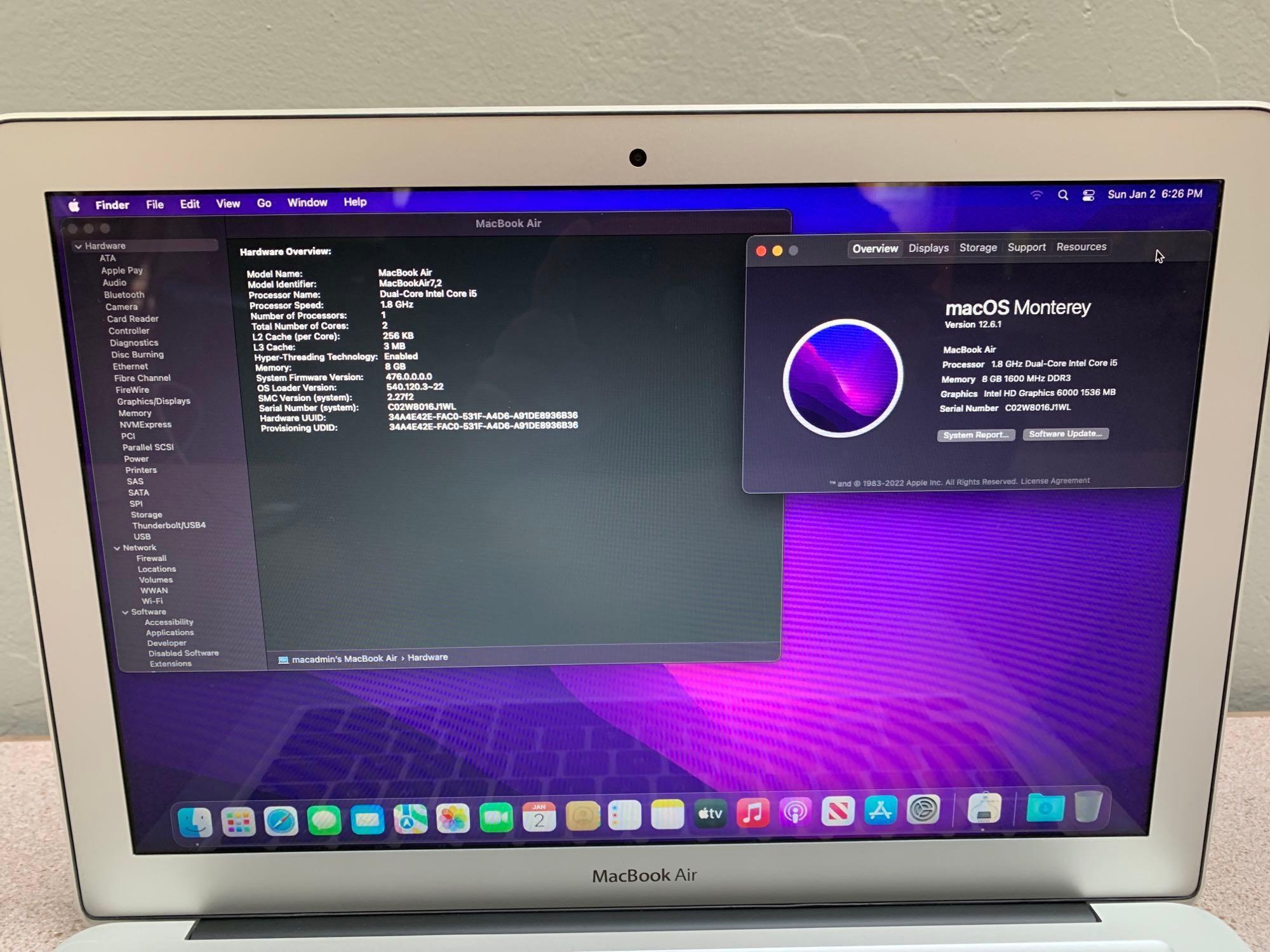 Apple MacBookAir7,2 A1466 13.3"LCD 1.8GHz Dual Core Intel i5 8GB 251GB Flash Mac OS Monterey