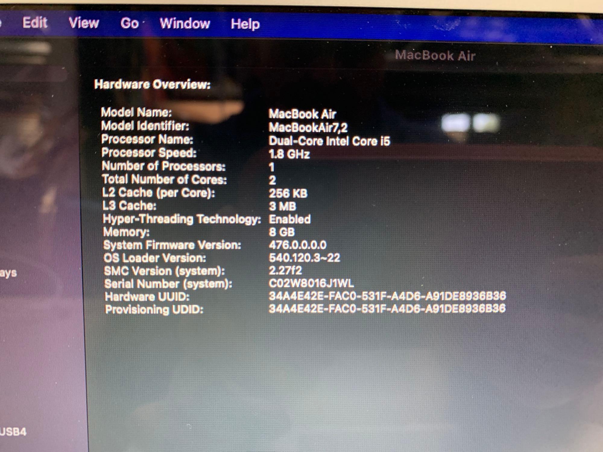 Apple MacBookAir7,2 A1466 13.3"LCD 1.8GHz Dual Core Intel i5 8GB 251GB Flash Mac OS Monterey