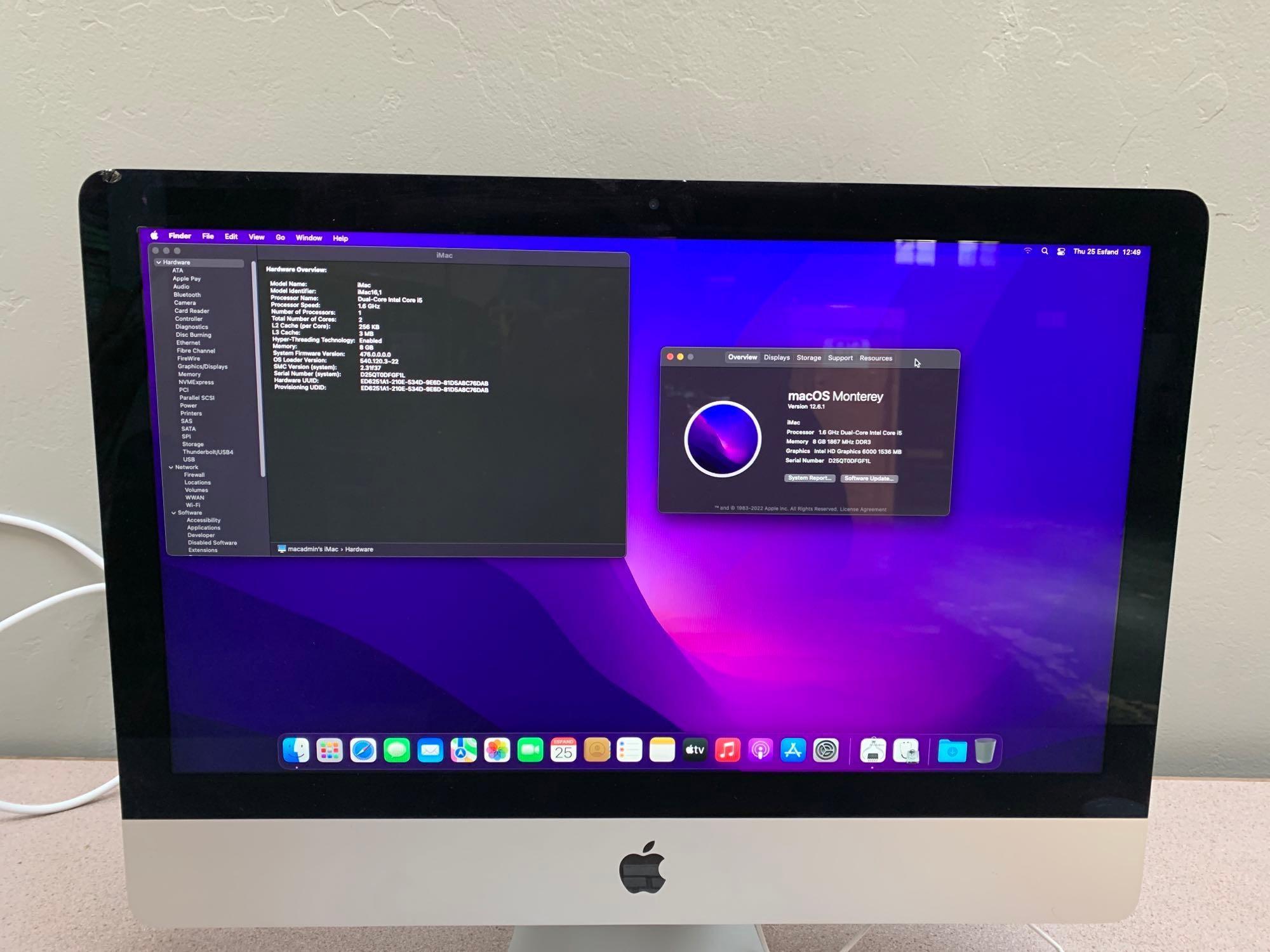 Apple A1418 iMac16,1 AIO 21.5" LCD 1.6GHz Dual Core Intel i5 8GB 1TB Mac OS Monterey