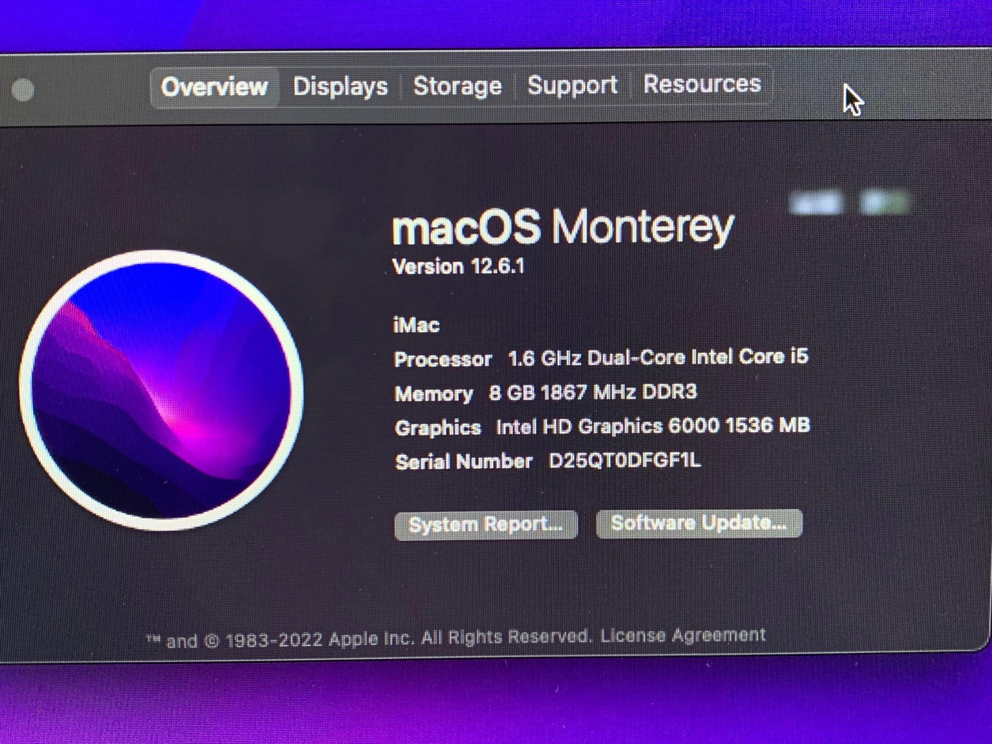 Apple A1418 iMac16,1 AIO 21.5" LCD 1.6GHz Dual Core Intel i5 8GB 1TB Mac OS Monterey