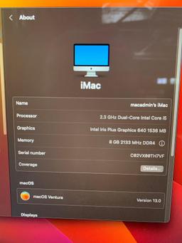 Apple A1418 iMac18,1 AIO 21.5" LCD 2.3GHz Dual Core Intel i5 8GB 1TB Mac OS Ventura 13.0