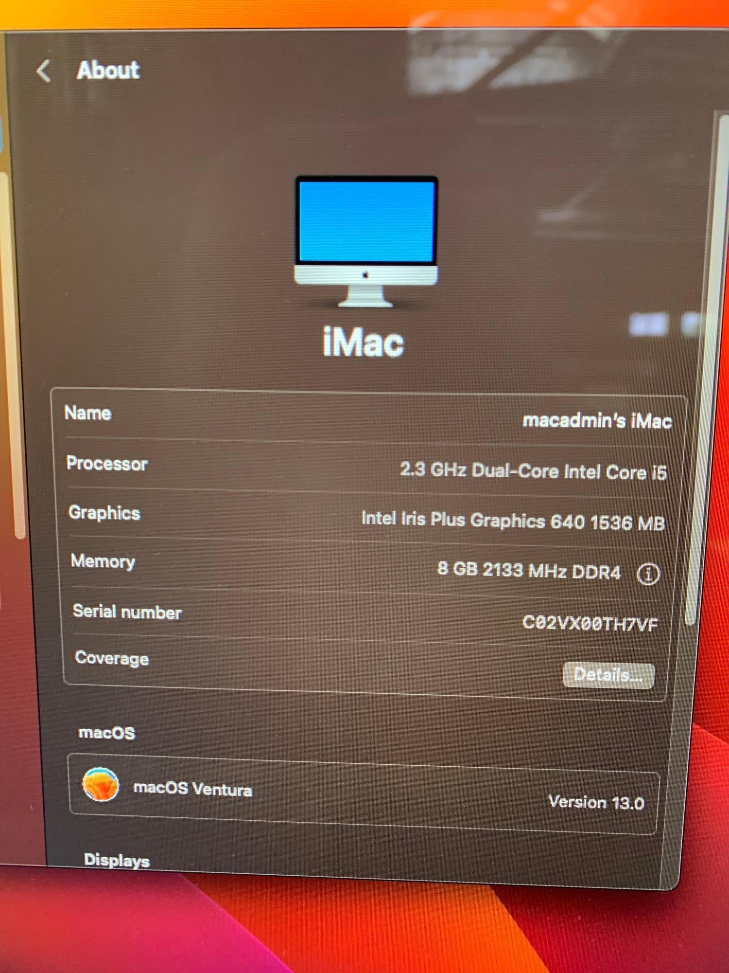 Apple A1418 iMac18,1 AIO 21.5" LCD 2.3GHz Dual Core Intel i5 8GB 1TB Mac OS Ventura 13.0