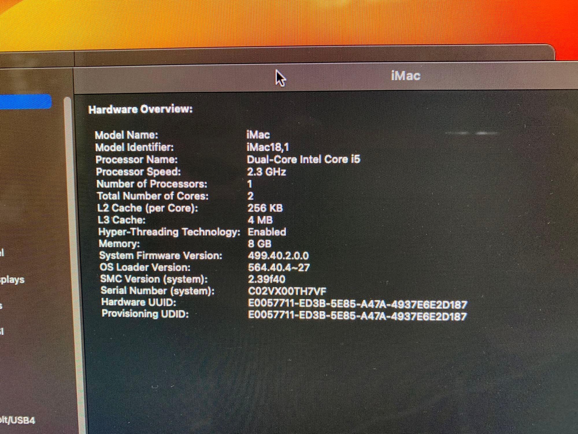 Apple A1418 iMac18,1 AIO 21.5" LCD 2.3GHz Dual Core Intel i5 8GB 1TB Mac OS Ventura 13.0