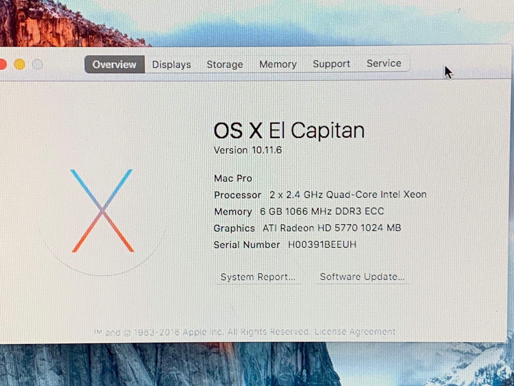 Apple MacPro5,1 Workstation 2x2.4GHz Quad Core Intel Xeon 6GB 1TB El Capitan 10.11.6