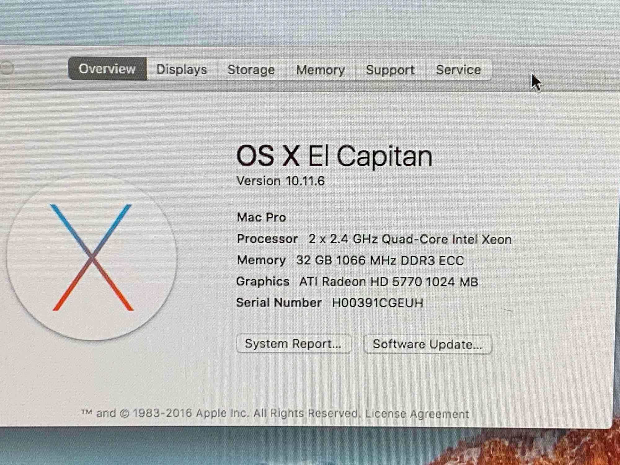 Apple MacPro5,1 8 Core Workstation 2x2.4GHz Quad Intel Xeon 32GB 1TB El Capitan 10.11.6