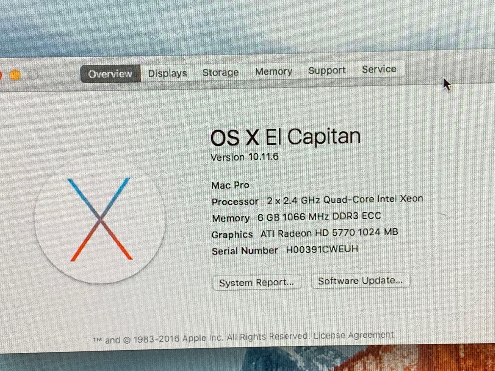 Apple MacPro5,1 8 Core Workstation 2x2.4GHz Quad Intel Xeon 6GB 1TB El Capitan 10.11.6
