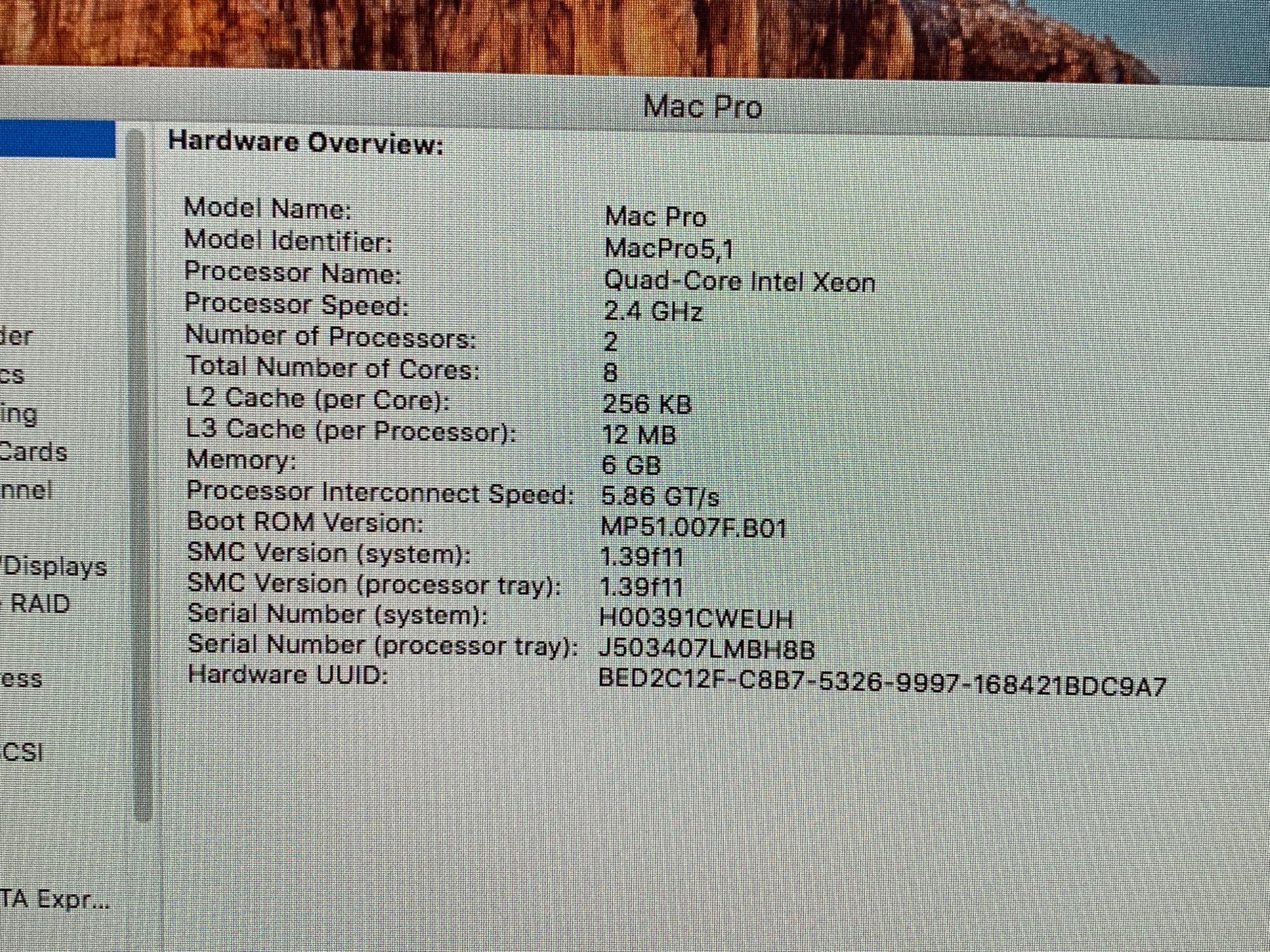 Apple MacPro5,1 8 Core Workstation 2x2.4GHz Quad Intel Xeon 6GB 1TB El Capitan 10.11.6