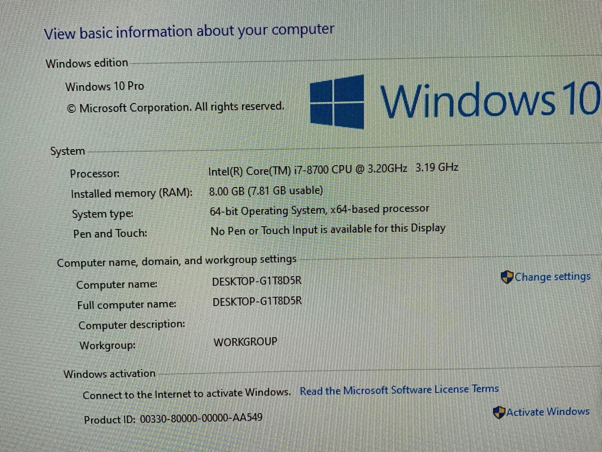 Dell Optiplex 7460 23.8" LCD AIO Computer Intel i7-8700 3.2GHz 8GB 256GB SSD Win 10