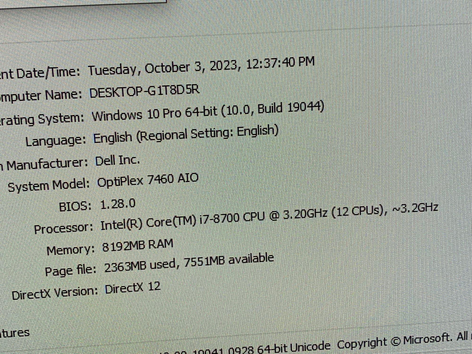 Dell Optiplex 7460 23.8" LCD AIO Computer Intel i7-8700 3.2GHz 8GB 256GB SSD Win 10