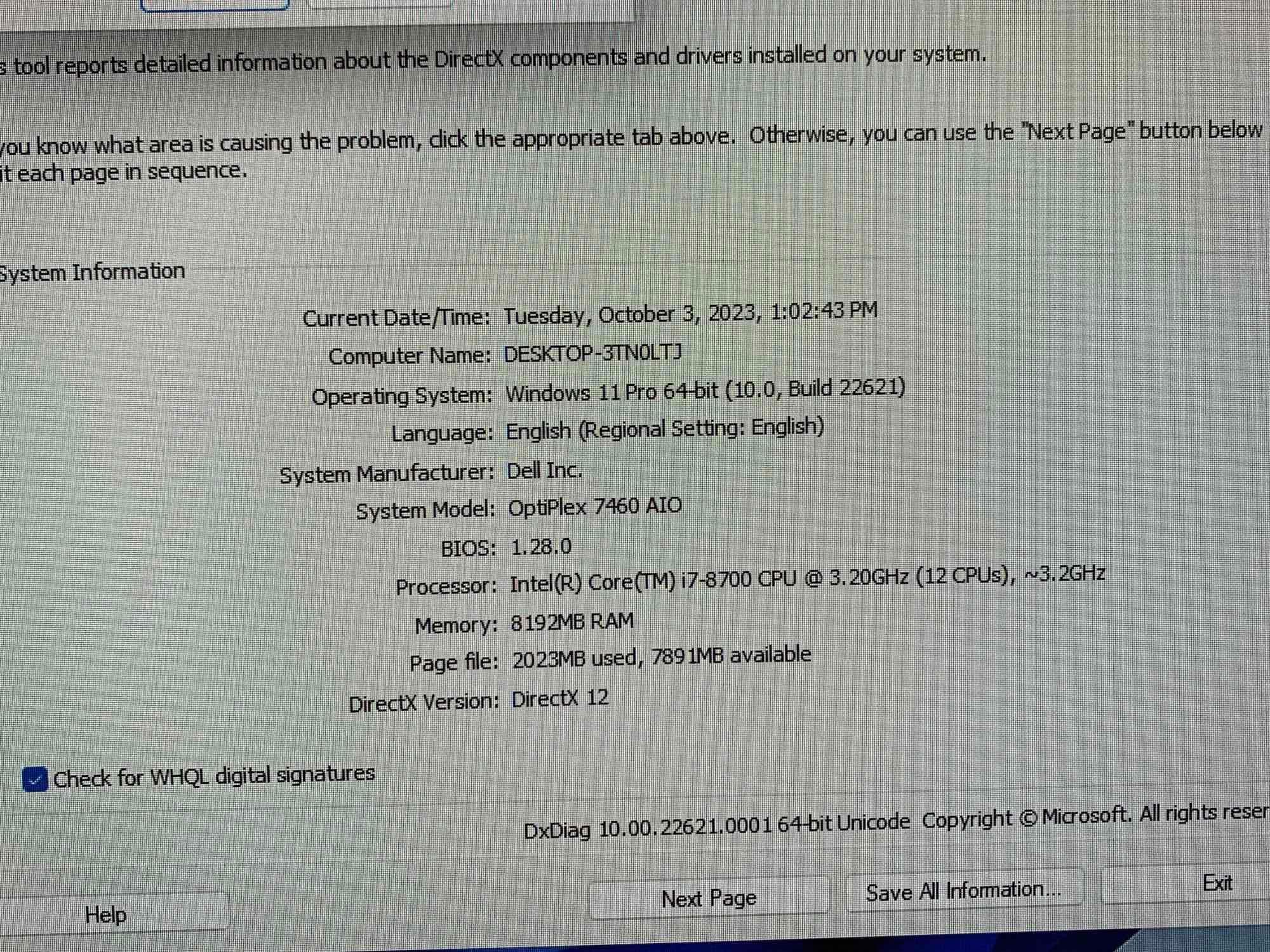 Dell Optiplex 7460 23.8" LCD AIO Computer Intel i7-8700 3.2GHz 8GB 500GB Win 11
