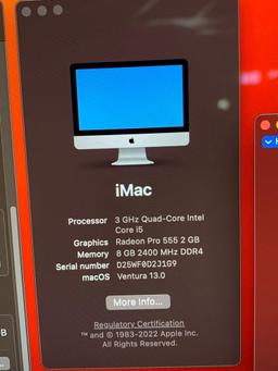Apple iMac 21.5" AIO PC Intel i5 7th Gen Quad 3GHz 8GB 500GB Radeon 2GB Ventura 13.0