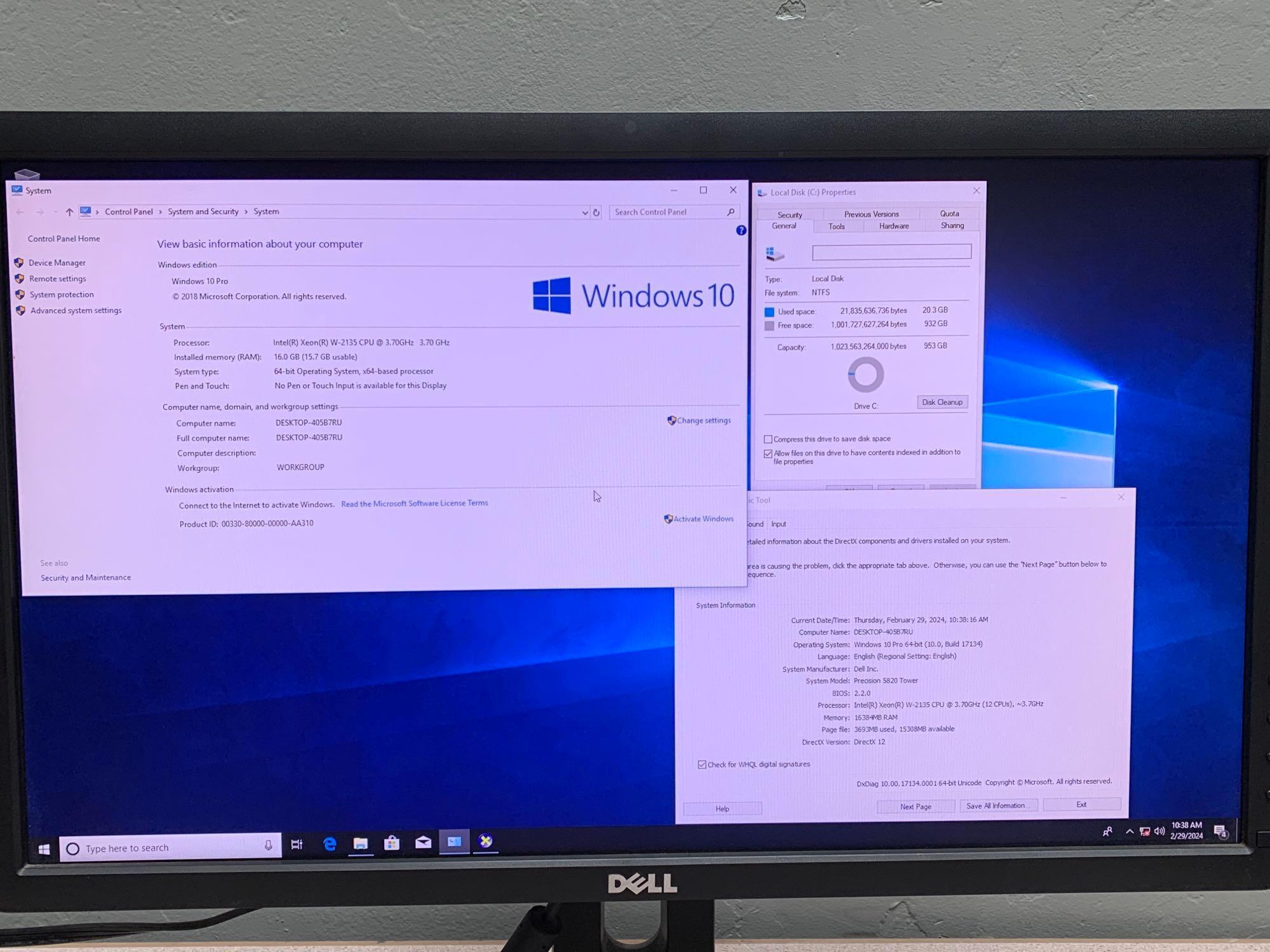 Dell Precision 5820 Tower 6 Core Xeon W-2135 3.7GHz 16GB 1TB SSD nVidia Quadro P500 16GB Win 10