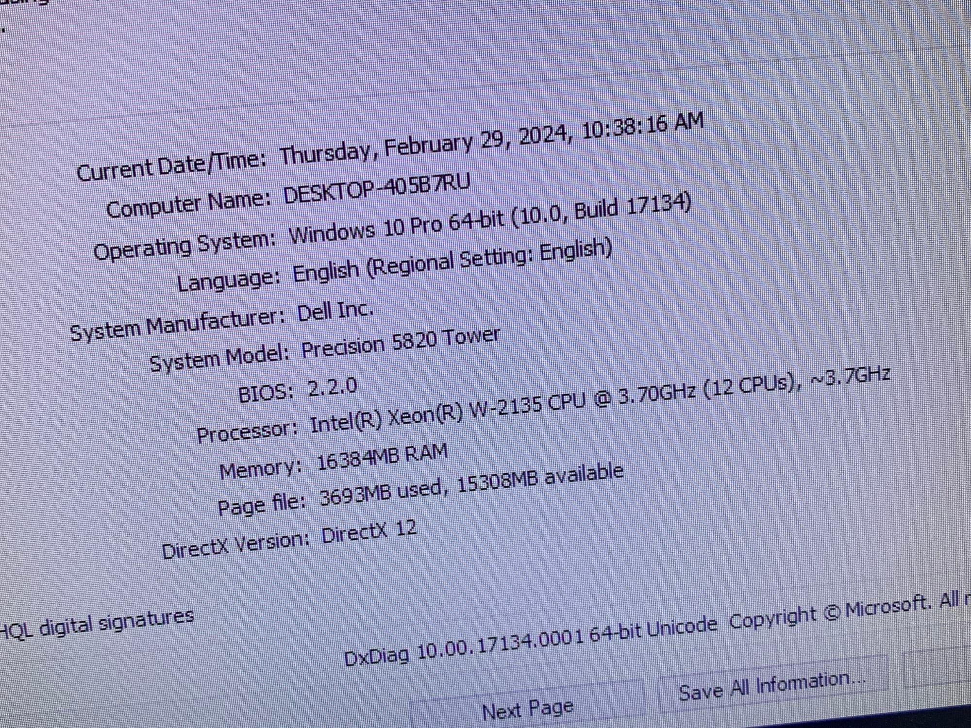 Dell Precision 5820 Tower 6 Core Xeon W-2135 3.7GHz 16GB 1TB SSD nVidia Quadro P500 16GB Win 10
