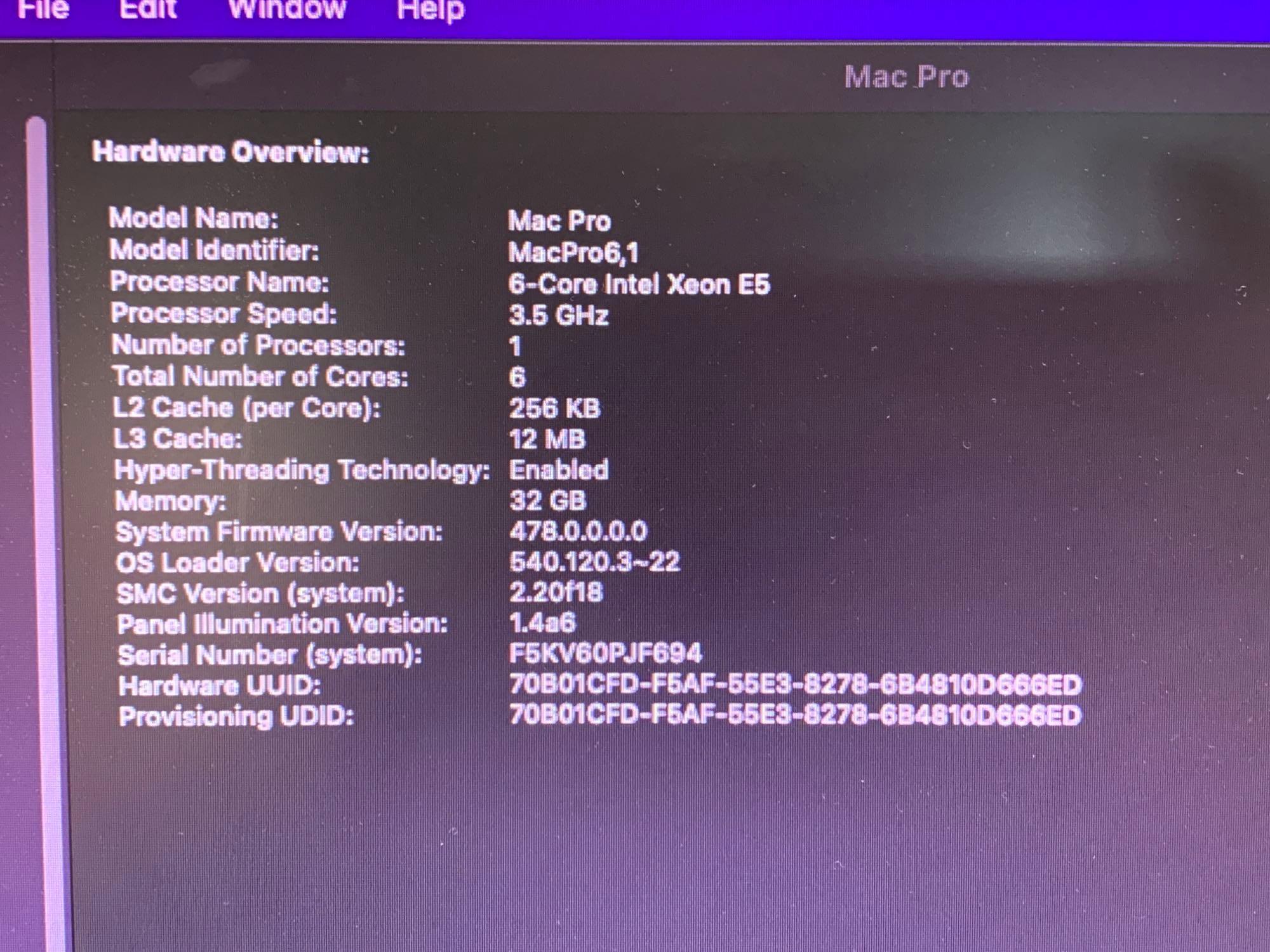 Apple A1481 MacPro6,1 6 Core Xeon E5-1650 3.5GHz 32GB 1TB SSD FirePro 6GB Monterey 2013