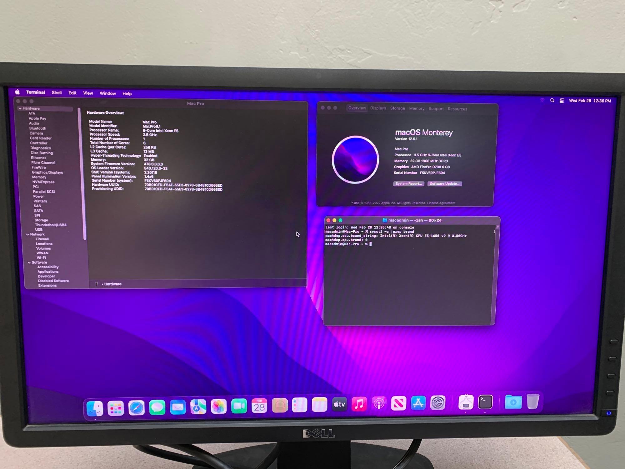 Apple A1481 MacPro6,1 6 Core Xeon E5-1650 3.5GHz 32GB 1TB SSD FirePro 6GB Monterey 2013