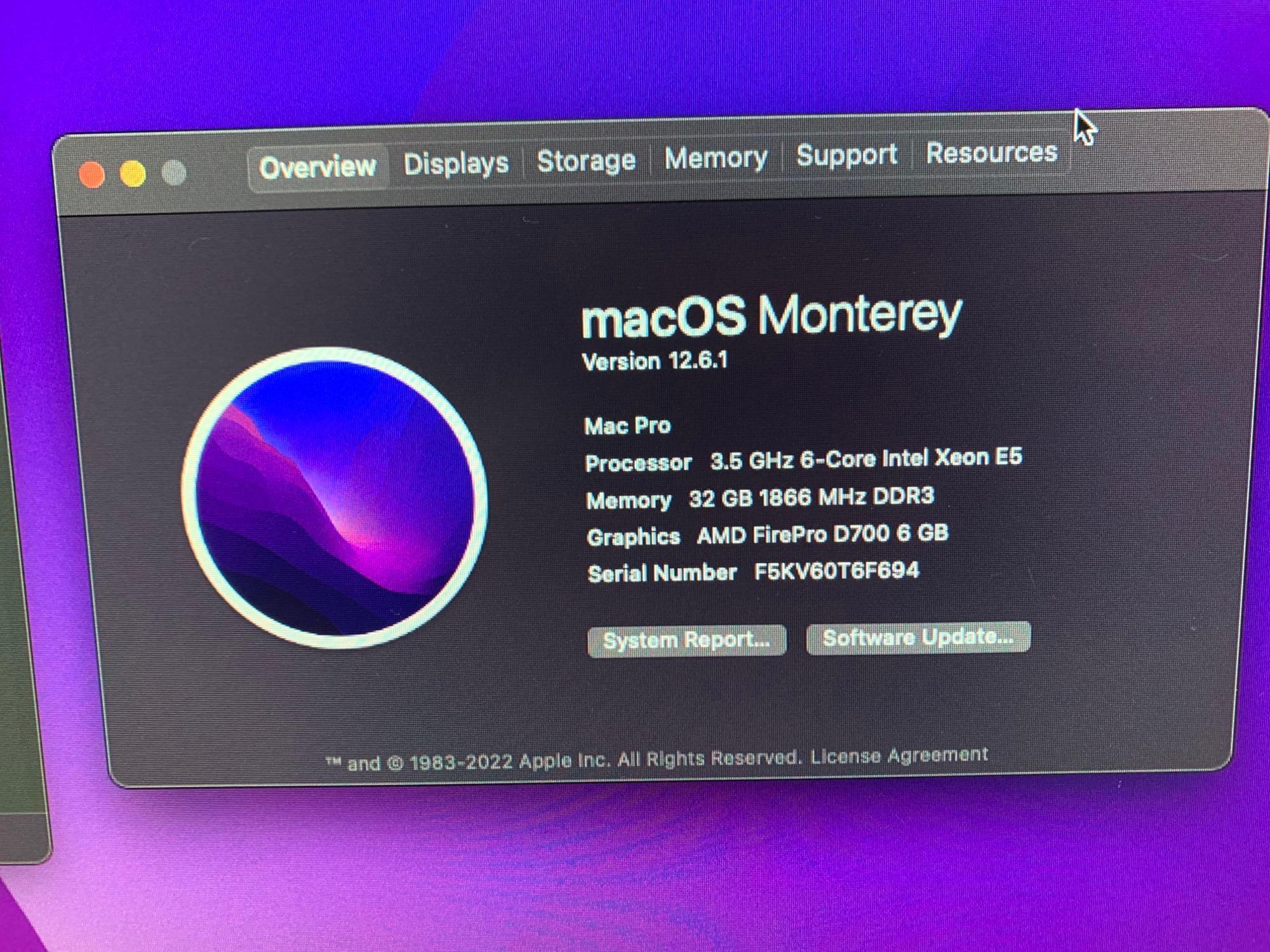 Apple MacPro6,1 6CORES Intel Xeon E5-1650 3.5GHz 32GB 1TB SSD HDMI AMD Video 6GB Monterey 2013