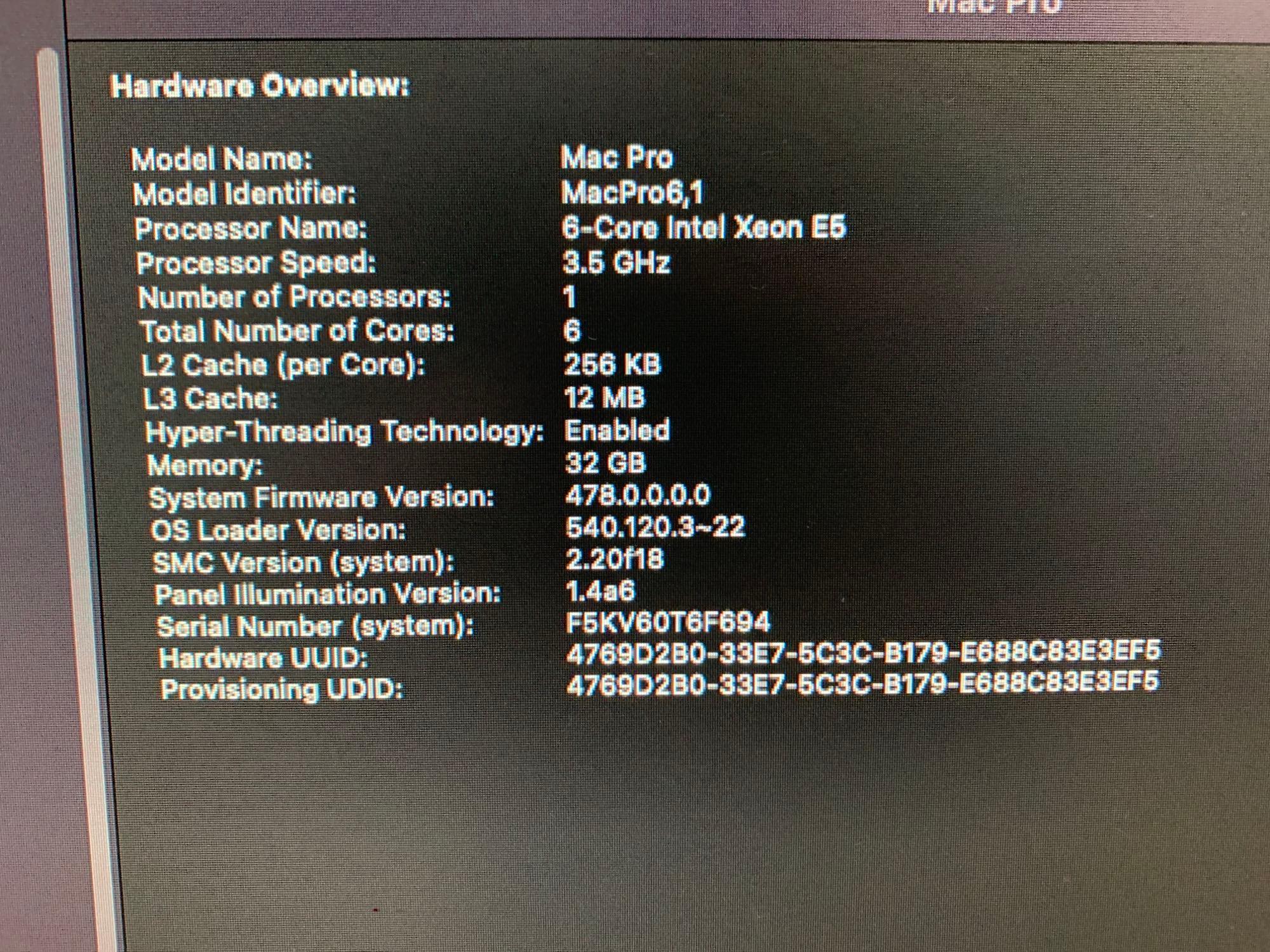 Apple MacPro6,1 6CORES Intel Xeon E5-1650 3.5GHz 32GB 1TB SSD HDMI AMD Video 6GB Monterey 2013