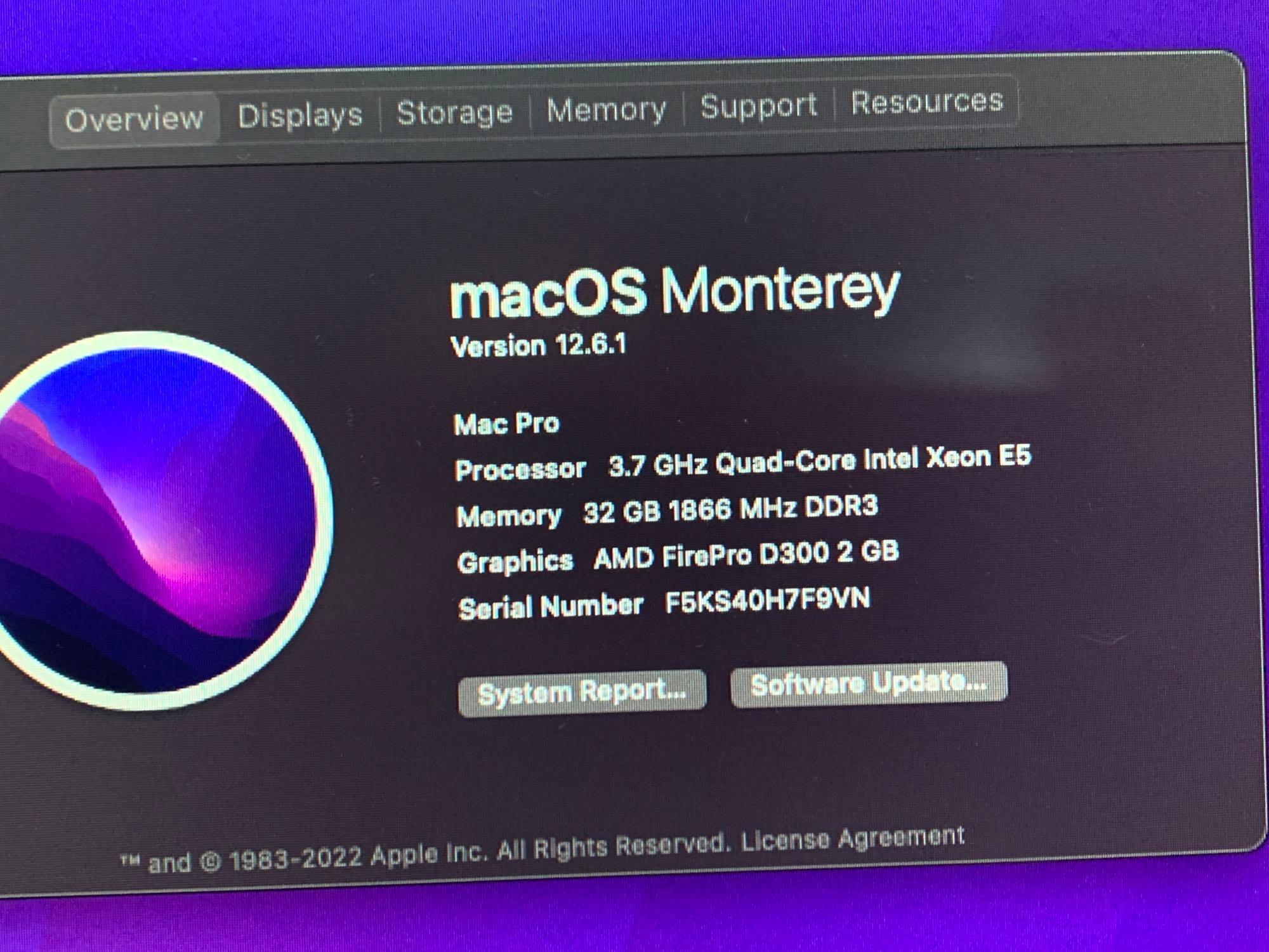 Apple MacPro6,1 Quad Intel Xeon E5-1620 3.7GHz 32GB 1TB SSD HDMI AMD Video 2GB Monterey 2013