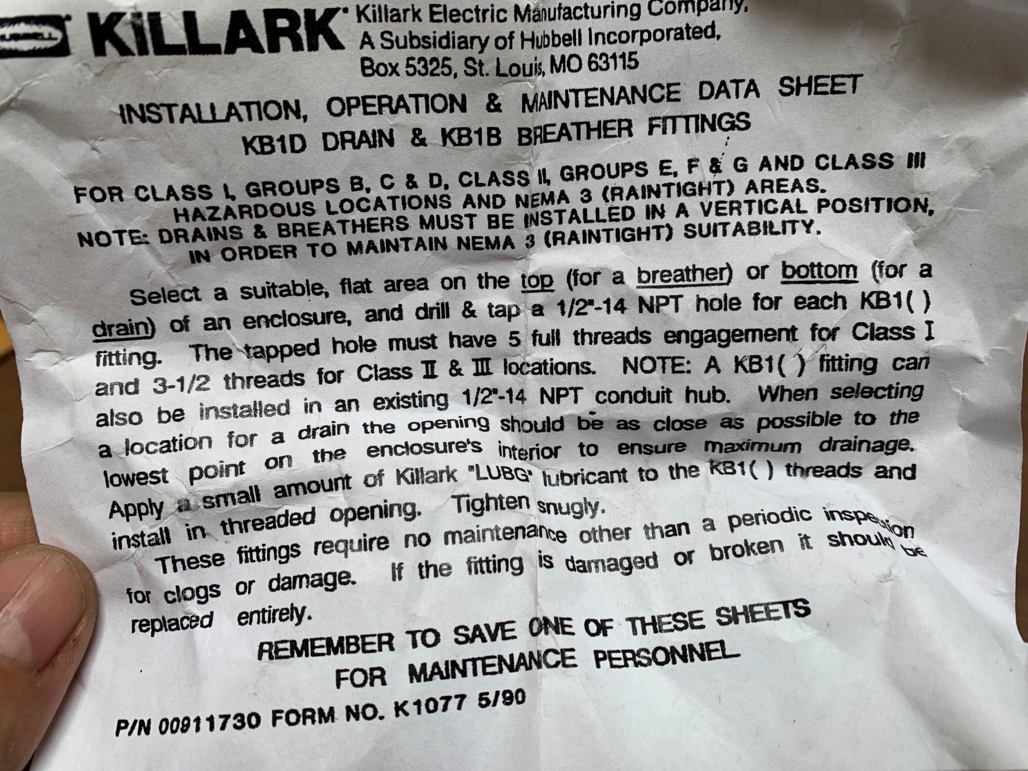 4pcs - Killark KB1B Conduit Breather Fittings 1/2" NPT