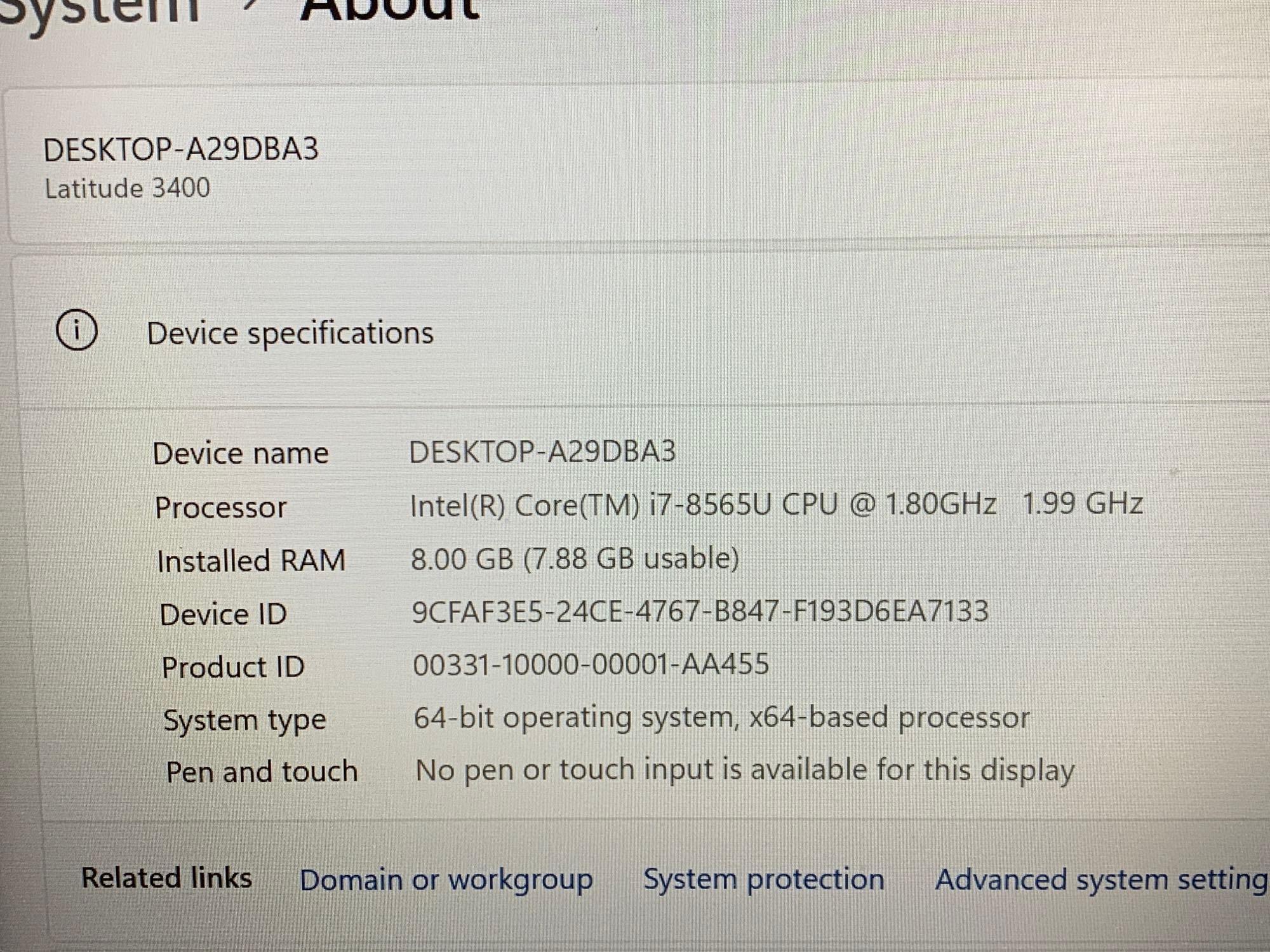 Dell Latitude 3400 Laptop Intel i7-8565 1.8GHz 8GB DDR4 256GB SSD Wifi Bt HDMI Win 11