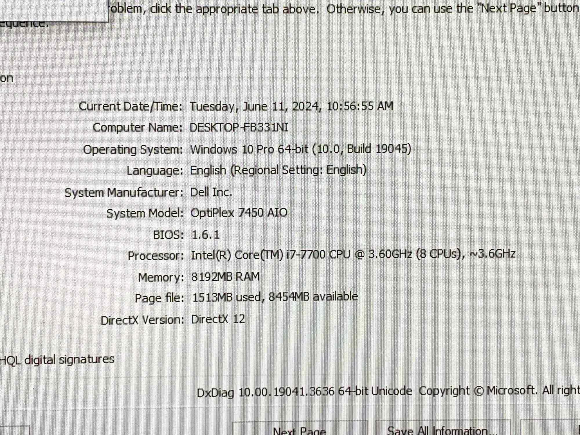 Dell Optiplex 7450 23.8" LCD AIO Intel i7-7700 3.6GHz 8GB 320GB SATA Wifi Bt HDMI Win 10 - NO STAND