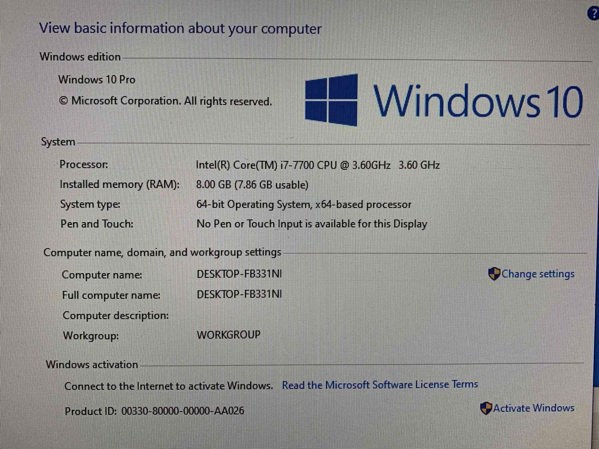 Dell Optiplex 7450 23.8" LCD AIO Intel i7-7700 3.6GHz 8GB 320GB SATA Wifi Bt HDMI Win 10 - NO STAND