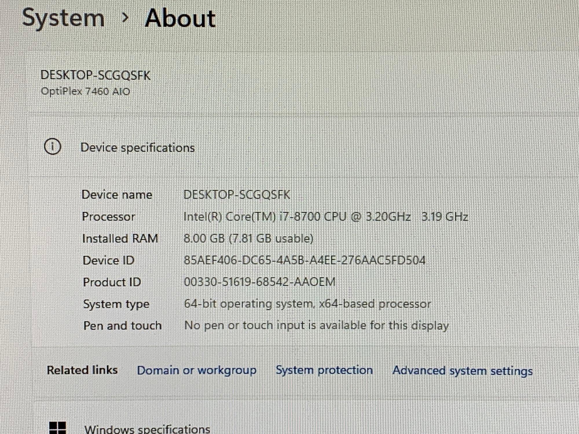 Dell Optiplex 7460 23.8" LCD AIO Intel i7-8700 3.2GHz 8GB 256GB SSD Wifi Bt HDMI Win 11